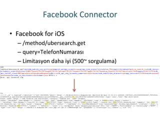 Facebook	
 Connector	
 
•  Facebook	
 for	
 iOS	
 
– /method/ubersearch.get	
 
– query=TelefonNumarası	
 
– Limitasyon	
 daha	
 iyi	
 (500~	
 sorgulama)	
 
 
