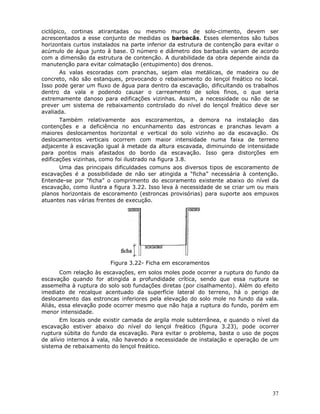 37
ciclópico, cortinas atirantadas ou mesmo muros de solo-cimento, devem ser
acrescentados a esse conjunto de medidas os barbacãs. Esses elementos são tubos
horizontais curtos instalados na parte inferior da estrutura de contenção para evitar o
acúmulo de água junto à base. O número e diâmetro dos barbacãs variam de acordo
com a dimensão da estrutura de contenção. A durabilidade da obra depende ainda da
manutenção para evitar colmatação (entupimento) dos drenos.
As valas escoradas com pranchas, sejam elas metálicas, de madeira ou de
concreto, não são estanques, provocando o rebaixamento do lençol freático no local.
Isso pode gerar um fluxo de água para dentro da escavação, dificultando os trabalhos
dentro da vala e podendo causar o carreamento de solos finos, o que seria
extremamente danoso para edificações vizinhas. Assim, a necessidade ou não de se
prever um sistema de rebaixamento controlado do nível do lençol freático deve ser
avaliada.
Também relativamente aos escoramentos, a demora na instalação das
contenções e a deficiência no encunhamento das estroncas e pranchas levam a
maiores deslocamentos horizontal e vertical do solo vizinho ao da escavação. Os
deslocamentos verticais ocorrem com maior intensidade numa faixa de terreno
adjacente à escavação igual à metade da altura escavada, diminuindo de intensidade
para pontos mais afastados do bordo da escavação. Isso gera distorções em
edificações vizinhas, como foi ilustrado na figura 3.8.
Uma das principais dificuldades comuns aos diversos tipos de escoramento de
escavações é a possibilidade de não ser atingida a “ficha” necessária à contenção.
Entende-se por “ficha” o comprimento do escoramento existente abaixo do nível da
escavação, como ilustra a figura 3.22. Isso leva à necessidade de se criar um ou mais
planos horizontais de escoramento (estroncas provisórias) para suporte aos empuxos
atuantes nas várias frentes de execução.
Figura 3.22- Ficha em escoramentos
Com relação às escavações, em solos moles pode ocorrer a ruptura do fundo da
escavação quando for atingida a profundidade crítica, sendo que essa ruptura se
assemelha à ruptura do solo sob fundações diretas (por cisalhamento). Além do efeito
imediato de recalque acentuado da superfície lateral do terreno, há o perigo de
deslocamento das estroncas inferiores pela elevação do solo mole no fundo da vala.
Aliás, essa elevação pode ocorrer mesmo que não haja a ruptura do fundo, porém em
menor intensidade.
Em locais onde existir camada de argila mole subterrânea, e quando o nível da
escavação estiver abaixo do nível do lençol freático (figura 3.23), pode ocorrer
ruptura súbita do fundo da escavação. Para evitar o problema, basta o uso de poços
de alívio internos à vala, não havendo a necessidade de instalação e operação de um
sistema de rebaixamento do lençol freático.
 
