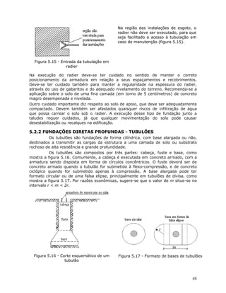 48
Figura 5.15 - Entrada da tubulação em
radier
Na região das instalações de esgoto, o
radier não deve ser executado, para que
seja facilitado o acesso à tubulação em
caso de manutenção (figura 5.15).
Na execução do radier deve-se ter cuidado no sentido de manter o correto
posicionamento da armadura em relação a seus espaçamentos e recobrimentos.
Deve-se ter cuidado também para manter a regularidade na espessura do radier,
através do uso de gabaritos e do adequado nivelamento do terreno. Recomenda-se a
aplicação sobre o solo de uma fina camada (em torno de 5 centímetros) de concreto
magro desempenada e nivelada.
Outro cuidado importante diz respeito ao solo de apoio, que deve ser adequadamente
compactado. Devem também ser afastados quaisquer riscos de infiltração de água
que possa carrear o solo sob o radier. A execução desse tipo de fundação junto a
taludes requer cuidados, já que qualquer movimentação do solo pode causar
desestabilização ou recalques na edificação.
5.2.2 FUNDAÇÕES DIRETAS PROFUNDAS - TUBULÕES
Os tubulões são fundações de forma cilíndrica, com base alargada ou não,
destinados a transmitir as cargas da estrutura a uma camada de solo ou substrato
rochoso de alta resistência e grande profundidade.
Os tubulões são compostos por três partes: cabeça, fuste e base, como
mostra a figura 5.16. Comumente, a cabeça é executada em concreto armado, com a
armadura sendo disposta em forma de círculos concêntricos. O fuste deverá ser de
concreto armado quando o tubulão for submetido à flexo-compressão, e de concreto
ciclópico quando for submetido apenas à compressão. A base alargada pode ter
formato circular ou de uma falsa elipse, principalmente em tubulões de divisa, como
mostra a figura 5.17. Por razões econômicas, sugere-se que o valor de m situe-se no
intervalo r < m < 2r.
Figura 5.16 - Corte esquemático de um
tubulão
Figura 5.17 - Formato de bases de tubulões
 
