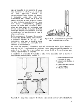49
5.2.2.1 TUBULÃO A CÉU ABERTO: É o tipo
mais elementar de tubulão, que resulta de
um poço perfurado manual ou
mecanicamente (figura 5.18) a céu aberto.
A escavação pode ser feita sem
revestimento das paredes se o solo for
coesivo (argiloso). O nível do lençol freático
é o fator limitante dessa técnica: se o solo
tiver baixa permeabilidade, pode-se
avançar um pouco além do nível da água,
sendo que essa deve ser bombeada para
fora da escavação. Na escavação do fuste
podem ser empregados processos manuais
ou mecânicos, e o alargamento da base é
feito manualmente.
O diâmetro depende da carga e da maneira
de execução. Sendo aberto manualmente,
o diâmetro mínimo é de 70 a 80
centímetros, para que o operário possa
trabalhar no interior da escavação com
liberdade de movimentação.
Figura 5.18 - Exemplo de equipamento
para escavação de tubulões
Por razões de economia, a armadura pode ser renunciada, desde que o ângulo na
base seja de 30º. O encontro da face inclinada com o plano da base não deve ser um
canto vivo. Por isso, faz-se um rodapé com altura de 20 a 30 centímetros, para
perfeito preenchimento de concreto.
A seqüência de execução de tubulões a céu aberto escavados sem o auxílio de
escoramentos é mostrada na figura 5.19.
1. Escavação manual ou
mecânica do fuste
2. Alargamento da base e
limpeza
3. Colocação da armadura
e concretagem
4. Tubulão pronto
Figura 5.19 - Seqüência executiva de tubulão a céu aberto sem revestimento do fuste
 
