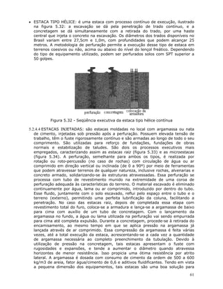 61
• ESTACA TIPO HÉLICE: é uma estaca com processo contínuo de execução, ilustrado
na figura 5.32: a escavação se dá pela penetração de trado contínuo, e a
concretagem se dá simultaneamente com a retirada do trado, por uma haste
central que injeta o concreto na escavação. Os diâmetros dos trados disponíveis no
Brasil variam entre 27,5cm e 1,0m, com profundidades que podem alcançar 25
metros. A metodologia de perfuração permite a execução desse tipo de estaca em
terrenos coesivos ou não, acima ou abaixo do nível do lençol freático. Dependendo
do tipo de equipamento utilizado, podem ser perfurados solos com SPT superior a
50 golpes.
Figura 5.32 - Seqüência executiva da estaca tipo hélice contínua
5.2.4.4 ESTACAS INJETADAS: são estacas moldadas no local com argamassa ou nata
de cimento, injetadas sob pressão após a perfuração. Possuem elevada tensão de
trabalho, têm o fuste rigorosamente contínuo e são armadas ao longo de todo o seu
comprimento. São utilizadas para reforço de fundações, fundações de obras
normais e estabilização de taludes. São dois os processos executivos mais
empregados, caracterizando assim as estacas raiz (figura 5.33) e as microestacas
(figura 5.34). A perfuração, semelhante para ambos os tipos, é realizada por
rotação ou roto-percussão (no caso de rochas) com circulação de água ou ar
comprimido em direção vertical ou inclinada (de 0 a 90º) por meio de ferramentas
que podem atravessar terrenos de qualquer natureza, inclusive rochas, alvenarias e
concreto armado, solidarizando-se às estruturas atravessadas. Essa perfuração se
processa com tubo de revestimento munido na extremidade de uma coroa de
perfuração adequada às características do terreno. O material escavado é eliminado
continuamente por água, lama ou ar comprimido, introduzido por dentro do tubo.
Esse fluido, juntamente com o solo escavado, reflui pelo espaço entre o tubo e o
terreno (externo), permitindo uma perfeita lubrificação da coluna, facilitando a
penetração. No caso das estacas raiz, depois de completada essa etapa com
revestimento total do furo, coloca-se a armadura e lança-se a argamassa de baixo
para cima com auxílio de um tubo de concretagem. Com o lançamento da
argamassa no fundo, a água ou lama utilizada na perfuração vai sendo empurrada
para cima até completa expulsão. Durante a concretagem, procede-se à retirada do
encamisamento, ao mesmo tempo em que se aplica pressão na argamassa já
lançada através de ar comprimido. Essa compressão da argamassa é feita várias
vezes, até a total execução da estaca, acrescentando-se a cada vez a quantidade
de argamassa necessária ao completo preenchimento da tubulação. Devido à
utilização de pressão na concretagem, tais estacas apresentam o fuste com
rugosidades e expansões, e tende a aumentar o diâmetro quando atravessa
horizontes de menor resistência. Isso propicia uma ótima resistência por atrito
lateral. A argamassa é dosada com consumo de cimento da ordem de 500 a 600
kg/m3 de areia, fator água/cimento de 0,6 e aditivos fluidificantes. Tendo em vista
a pequena dimensão dos equipamentos, tais estacas são uma boa solução para
 