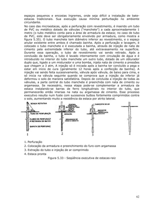 62
espaços pequenos e encostas íngremes, onde seja difícil a instalação de bate-
estacas tradicionais. Sua execução causa mínima perturbação no ambiente
circundante.
No caso das microestacas, após a perfuração com revestimento, é inserido um tubo
de PVC ou metálico dotado de válvulas (“manchete”) a cada aproximadamente 1
metro (o tubo metálico conta para a área de armadura da estaca; no caso de tubo
de PVC, este deve ser obrigatoriamente envolvido por armadura, como mostra a
figura 5.35). O tubo manchete tem diâmetro inferior ao revestimento, e o espaço
anular existente entre ambos é chamado bainha. Após a perfuração e lavagem, é
colocado o tubo manchete e é executada a bainha, através de injeção de nata de
cimento pela extremidade inferior do tubo, até extravasamento na superfície.
Durante essa operação, o tubo de revestimento vai sendo retirado. Após a
conclusão da bainha, o tubo é lavado internamente com circulação de água e é
introduzido no interior do tubo manchete um outro tubo, dotado de um obturador
duplo que, ligado a um misturador e uma bomba, injeta nata de cimento a pressões
que chegam a 3 atm, A injeção só é iniciada após a bainha ter concluído a pega e
estar em início de cura (geralmente 12 horas após a confecção da bainha). A
injeção vai sendo feita sucessivamente, válvula após válvula, de baixo para cima, e
só inicia na válvula seguinte quando se comprova que a injeção da inferior já
deformou o solo de maneira satisfatória. Depois de concluída a injeção de todas as
válvulas, a parte central do tubo manchete é preenchida com nata de cimento ou
argamassa. Se necessário, nessa etapa pode-se complementar a armadura da
estaca instalando-se barras de ferro longitudinais no interior do tubo, que
permanecerão então imersas na nata ou argamassa de cimento. Esse processo
executivo resulta num fuste com sucessivos bulbos fortemente comprimidos contra
o solo, aumentando muito a resistência da estaca por atrito lateral.
1. Perfuração
2. Colocação da armadura e preenchimento do furo com argamassa
3. Extração do tubo e injeção de ar comprimido
4. Estaca pronta
Figura 5.33 - Seqüência executiva de estacas-raiz
 