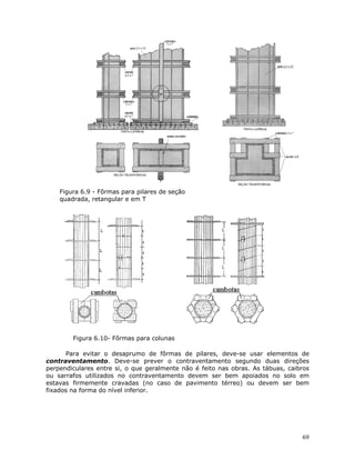 69
Figura 6.9 - Fôrmas para pilares de seção
quadrada, retangular e em T
Figura 6.10- Fôrmas para colunas
Para evitar o desaprumo de fôrmas de pilares, deve-se usar elementos de
contraventamento. Deve-se prever o contraventamento segundo duas direções
perpendiculares entre si, o que geralmente não é feito nas obras. As tábuas, caibros
ou sarrafos utilizados no contraventamento devem ser bem apoiados no solo em
estavas firmemente cravadas (no caso de pavimento térreo) ou devem ser bem
fixados na forma do nível inferior.
 