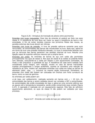 83
Figura 6.26 - Armadura de transição de pilares entre pavimentos
Emendas com luvas rosqueadas: Esse tipo de emenda só poderá ser feito nos aços
classe A. A resistência da luva deve ser maior ou igual à resistência da barra a ser
emendada. A fim de evitar tensões maiores nos primeiros filetes das roscas, as
paredes externas das luvas devem ser cônicas.
Emendas com luvas de pressão: A luva de pressão aplica-se somente para aços
nervurados. As extremidades das barras são introduzidas na luva. Após isso, aplica-se
em torno da luva uma pressão hidráulica elevada, e a luva é comprimida fazendo com
que as nervuras das barras penetrem nas paredes internas da luva. Resulta uma
ligação capaz de suportar esforços maiores que a própria barra.
Emendas por solda: As emendas de barras de aço com solda são permitidas
principalmente nos aços de classe A. Nos aços de classe B as soldas só poderão feitas
com eletrodo, executando-se a solda por etapas e com aquecimento controlado, de
modo a não prejudicar a qualidade do aço. A resistência de cada barra soldada será
considerada como íntegra, sem redução, exceto no caso de barras tracionadas
sujeitas principalmente a cargas acidentais, quando se considera uma redução de
resistência de 20%. Podem ser realizadas emendas com solda em todas as barras do
elemento (pilar, viga, ...), inclusive na mesma seção transversal. Entretanto, as
emendas com solda não podem ser colocadas em trechos com forte curvatura da
barra, como no caso de ganchos.
As emendas por solda podem ser:
a) de topo, por caldeamento: realizada somente em barras com φ ≥ 10 mm. As
extremidades das barras a serem soldadas devem ser cortadas a 90º e esmerilhadas.
As extremidades são então encostadas de topo e aplica-se uma corrente elétrica que
as aquece até a temperatura necessária, sendo então comprimido esse contato (figura
6.27). A operação é realizada em um equipamento especial. Pelo fato de sofrerem
aquecimento apreciável, os aços da classe B não podem ser soldados por esse
processo.
Figura 6.27 - Emenda com solda de topo por caldeamento
 