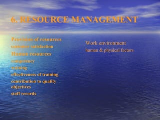 6. RESOURCE MANAGEMENT

Provision of resources
                            Work environment
customer satisfaction
                            human & physical factors
Human resources
competency
training
effectiveness of training
contribution to quality
objectives
staff records
 
