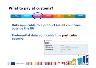 What to pay at customs?




 Duty applicable to a product for all countries
 outside the EU

 Preferential duty applicable to a particular
 country
 