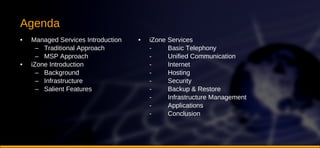 Agenda Managed Services Introduction Traditional Approach MSP Approach iZone Introduction Background Infrastructure Salient Features iZone Services - Basic Telephony - Unified Communication - Internet - Hosting - Security - Backup & Restore - Infrastructure Management - Applications - Conclusion 