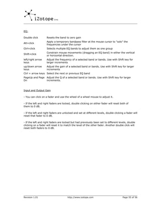 EQ:

Double click        Resets the band to zero gain
                    Apply a temporary bandpass filter at the mouse cursor to "solo" the
Alt+click
                    frequencies under the cursor
Ctrl+click          Selects multiple EQ bands to adjust them as one group
                    Constrain mouse movements (dragging an EQ band) in either the vertical
Shift+click
                    or horizontal direction.
left/right arrow    Adjust the frequency of a selected band or bands. Use with Shift key for
keys                larger increments
up/down arrow       Adjust the gain of a selected band or bands. Use with Shift key for larger
keys                increments
Ctrl + arrow keys Select the next or previous EQ band
PageUp and Page Adjust the Q of a selected band or bands. Use with Shift key for larger
Dn              increments.



Input and Output Gain

- You can click on a fader and use the wheel of a wheel mouse to adjust it.

- If the left and right faders are locked, double clicking on either fader will reset both of
them to 0 dB.

- If the left and right faders are unlocked and set at different levels, double clicking a fader will
reset that fader to 0 dB.

- If the left and right faders are locked but had previously been set to different levels, double
clicking on a fader will reset it to match the level of the other fader. Another double click will
reset both faders to 0 dB.




Revision 1.01                          http://www.izotope.com                          Page 55 of 56
 