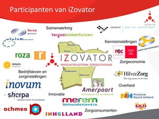Participanten van iZovator

                 Samenwerking


                                          Kennisinstellingen




                                                   Zorgeconomie

  Bedrijfsleven en
  zorginstellingen

                                                   Overheid

                     Innovatie



                                 Zorgconsumenten
 