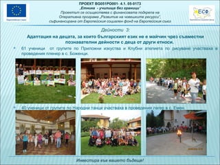 ПРОЕКТ BG051PO001- 4.1. 05-0173
„Eтника - училище без граници”
Проектът се осъществява с финансовата подкрепа на
Оперативна програма „Развитие на човешките ресурси”,
съфинансирана от Европейския социален фонд на Европейския съюз

Дейности 3:
Адаптация на децата, за които българският език не е майчин чрез съвместни
познавателни дейности с деца от други етноси.


61 ученици от групите по Приложни изкуства и Клубни ателиета по рисуване участваха в
проведения пленер в с. Боженци.



40 ученици от групите по Народни танци участваха в проведения лагер в с. Емен.

Инвестира във вашето бъдеще!

 