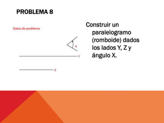 Construir un
paralelogramo
(romboide) dados
los lados Y, Z y
ángulo X.
PROBLEMA 8
