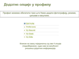 Профил можемо обогатити тако што ћемо додати фотографију, резиме,
                      циљеве и вештине.




               Кликом на сваку појединачну од ове 4 опције
                 (подизборника), нуди нам се могућност
                    уношења додатних информација.
 