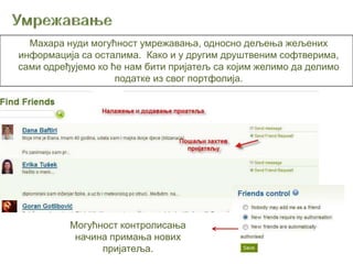 Махара нуди могућност умрежавања, односно дељења жељених
информација са осталима. Како и у другим друштвеним софтверима,
сами одређујемо ко ће нам бити пријатељ са којим желимо да делимо
                    податке из свог портфолија.




          Могућност контролисања
           начина примања нових
                пријатеља.
 