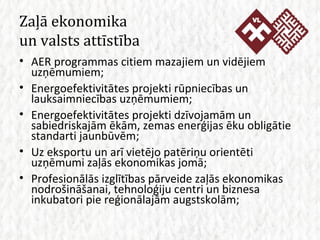 Zaļā ekonomika  un valsts attīstība AER programmas citiem mazajiem un vidējiem uzņēmumiem; Energoefektivitātes projekti rūpniecības un lauksaimniecības uzņēmumiem; Energoefektivitātes projekti dzīvojamām un sabiedriskajām ēkām, zemas enerģijas ēku obligātie standarti jaunbūvēm; Uz eksportu un arī vietējo patēriņu orientēti uzņēmumi zaļās ekonomikas jomā; Profesionālās izglītības pārveide zaļās ekonomikas nodrošināšanai, tehnoloģiju centri un biznesa inkubatori pie reģionālajām augstskolām; 