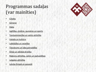 Programmas sadaļas  (var mainīties) Cilvēks Ģimene Daba Izglītība, zinātne, jaunatne un sports Tautsaimniecība un valsts attīstība Valoda un kultūra Labklājība un veselība Tiesiskums un laba pārvaldība Ārējā un iekšējā drošība Reģionu attīstība, valsts un pašvaldības Latgales attīstība Latvija Eiropā un pasaulē 