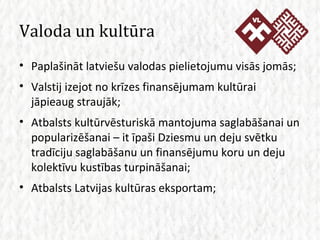 Valoda un kultūra <ul><li>Paplašināt latviešu valodas pielietojumu visās jomās; </li></ul><ul><li>Valstij izejot no krīzes...