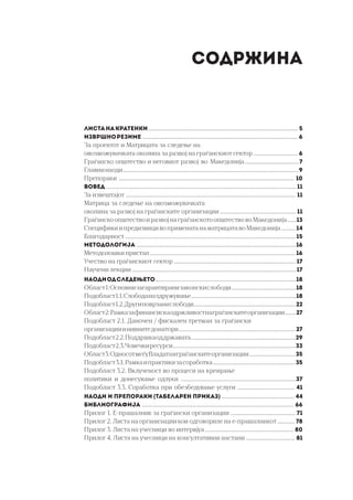 СОДРжина
Листанакратенки...............................................................................................5
Извршнорезиме ...................................................................................................6
За проектот и Матрицата за следење на
овозможувачката околина за развој на граѓанскиот сектор ............................ 6
Граѓанско општество и неговиот развој во Македонија..................................7
Главнинаоди...............................................................................................................9
Препораки ............................................................................................................... 10
Вовед ........................................................................................................................ 11
За извештајот ............................................................................................................ 11
Матрица за следење на овозможувачката
околина за развој на граѓанските организации ................................................ 11
Граѓанско општество и развој на граѓанското општество во Македонија ..... 13
Специфики и предизвици во примената на матрицата во Македонија ......... 14
Благодарност ............................................................................................................ 15
Методологија .....................................................................................................16
Методолошки пристап ............................................................................................ 16
Учество на граѓанскиот сектор ............................................................................. 17
Научени лекции ........................................................................................................ 17
Наодиодследењето.........................................................................................18
Област1:Основнизагарантиранизаконскислободи.........................................18
Подобласт1.1.Слободаназдружување...................................................................18
Подобласт1.2.Другиповрзанислободи.................................................................22
Област2:Рамказафинансискаодржливостнаграѓанскитеорганизации.......27
Подобласт 2.1. Даночен / фискален третман за граѓански
организацииинивнитедонатори..........................................................................27
Подобласт2.2.Поддршкаоддржавата...................................................................29
Подобласт2.3.Човечкиресурси..............................................................................33
Област3:ОдносотмеѓуВладатаиграѓанскитеорганизации..............................35
Подобласт3.1.Рамкаипрактикизасоработка....................................................35
Подобласт 3.2. Вклученост во процеси на креирање
политики и донесување одлуки .........................................................................37
Подобласт 3.3. Соработка при обезбедување услуги .................................... 41
Наоди и препораки (табеларен приказ) .............................................. 44
Библиографијa ................................................................................................ 66
Прилог 1. Е-прашалник за граѓански организации ......................................... 71
Прилог 2. Листа на организации кои одговориле на е-прашалникот ........... 78
Прилог 3. Листа на учесници во интервјуа ........................................................ 80
Прилог 4. Листа на учесници на консултативни настани ............................... 81
 