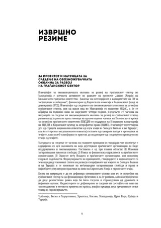 6	
	
Извршно
резиме
За проектот и Матрицата за  
следење на овозможувачката  
околина за развој  
на граѓанскиот сектор
Извештајот за овозможувачката околина за развој на граѓанскиот сектор во
Македонија е клучната активност во рамките на проектот „Аквис (Acquis) на
Балканското граѓанско општество - Јакнење на потенцијалот и капацитетите на ГО за
застапување и лобирање“, финансиран од Европската комисија и Балканскиот фонд за
демократија (БТД). Извештајот од следењето на овозможувачката околина за развој на
граѓанскиот сектор, прв од ваков вид во Македонија го подготви МЦМС, а  ќе се
објавува на годишно ниво во наредните четири години. Следењето се заснова на
матрицата за следење на овозможувачката околина за развој на граѓанскиот сектор
развиена од страна на претставници на организациите членки на Балканската мрежа
за развој на граѓанското општество (БЦСДН) со поддршка на Извршната канцеларија
на БЦСДН и Европскиот центар за непрофитно право (ЕЦНЛ). Извештајот претставува
дел од серијата национални извештаи од осум земји во Западен Балкан и во Турција1
,
кои ќе се прелеат во регионален извештај составен од сумирани наоди и препораки за
земјите, како и веб-платформа со пристап до податоците од следењето спроведено во
секоја од земјите.
Матрицата за следење се заснова на главните принципи и стандарди чие постоење е
круцијално со цел околината во која дејствуваат граѓанските организации да биде
поддржувачка и овозможувачка. Составена е од три главни области: (1) Основни
загарантирани законски слободи; (2) Рамка за финансиска одржливост на граѓанските
организации; (3) Односот меѓу Владата и граѓанските организации, кои понатаму
содржат подобласти. Формулирањето на принципите, стандардите и индикаторите го
зема предвид тековниот степен на развој и спецификите на земјите на Западен Балкан
и од Турција и се засноваат на меѓународни загарантирани слободи и права и
најдобрите регулаторни практики на ниво на Европската Унија и европските земји.
Целта на матрицата е да ги дефинира оптималните услови кои му се потребни на
граѓанскиот сектор за да функционира ефективно и да се развива, како и истовремено
да даде реалистична рамка која би била следена и спроведувана од државата и
нејзините органи. Индикаторите се дефинирани за следење на состојбата на ниво на
законодавство и неговата примена во пракса, имајќи предвид дека предизвикот лежи
токму во спроведувањето.
1
Албанија, Босна и Херцеговина, Хрватска, Косово, Македонија, Црна Гора, Србија и
Турција.
 