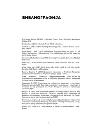 66	
	
Библиографија
Bertelsmann Stiftung, BTI 2012 — Macedonia Country Report. Gütersloh: Bertelsmann
Stiftung, 2012.
FreedomHouse (2013) Freedominthe World 2013. FreedomHouse.
Golubović D., (2013) Tax Laws Affecting Philanthropy in the Countries of South Europe.
SIGN Network
HafnerAdemi T., Nesik I. (2013) “Inclusiveness, Representativeness and Impact of Civil
Society”. Parliamentary Challenges in the EU accessionprocess. Institute for Democracy
and Mediation-Albania.
International Budget Partnership (2012) Open Budget Survey 2012. International Budget
Partnership
USAID (2012) CSO Sustainability Index for Central Europe and Eurasia 2012, 16th Edition.
USAID
World Giving Index (2012) World Giving Index 2012-A global view of giving trends,
December 2012. Charities Aid Foundation
Буова Е., Додовски И. (2009) Неформалното образование во Република Македонија:
услови и перспективи. Битола, Младински културен центар – Битола.
Гулев Г., Илиевски А., Поповски В., Петрушевска-Крстевска Ј. (2013) Анализа на
регулативата на образовниот систем во Република Македонија. Скопје. Македонски
центар за граѓанско образование.
Димишкова, С. (2012) Ограничување на слободата на здружување и дејствување.
Граѓански практики бр.13, Перцепција на влијанието на граѓанските организации и
околината во која дејствуваат тие. Скопје, Македонски центар за меѓународна
соработка (МЦМС).
Кацарска, С. (2012) Дали стратегијата придонесе за подорбување на дијалогот меѓу
Владата и граѓанското општество. Граѓански практики бр.13, Перцепција на
влијанието на граѓанските организации и околината во која дејствуваат тие. Скопје,
Македонски центар за меѓународна соработка (МЦМС).
Клековски, С., Стојанова Д., Јаковлеска Г., Нурединоска Е., (2011) Цивикус - Индексот на
граѓанското општество во Македонија, Аналитички извештај за Македонија. Скопје,
Македонски центар за меѓународна соработка (МЦМС).
Конект (2013) Анализа на спроведувањето на законот за волонтерството. Скопје,
Конект.
 