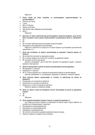 72	
	
Објаснете
5. Колку време ви беше потребно за регистрирање/ пререгистрирање на
организацијата?
 Помалку од 5 дена
 5 дена
 Меѓу 5 и 10 дена
 Повеќе од 10 дена
 Дејствувате како неформална организација
 Друго
Објаснете
6. Доколку сте имале проблеми при регистрацијата/ пререгистрацијата, дали истите
биле основани со јасно дадено образложение од надлежниот орган за причините?
 Да
 Не
 Не сте имале проблеми при регистрација/ пререгистрација
 Дејствувате како неформална организација
Објаснете ( објаснете во случај кога сте имале барања за доставување дополнителни
документи и сл.)  
7. Дали при членување на вашата организација во домашна/ странска мрежа сте
требале:
 Да ги известите органите на државната управа
 Не сте имале обврска да ги известите органите на државната управа
 Не членувате во ниту една мрежа
Доколку одговоривте „Да ги известите органите на државната управа“, наведете
пример со која мрежа/и
8. Дали во внатрешните работи на вашата организација некогаш државата:
 Неоправдано се вмешала
 Оправдано се вмешала
 Не се случило државата да се вмеша во внатрешните работи на организацијата
Доколку одговоривте со „неоправдано/ оправдано се вмешала“, наведете пример
9. Дали некогаш вашата организација се соочила со притисоци од страна на
државата?
 Секојдневно сте изложени на притисок
 Понекогаш сте изложени на притисок
 Никогаш не сте биле изложени на притисок
Наведете пример за избраната опција
10. Дали сте имале случај на ненајавена посета/ инспекција од орган на државната
управа?
 Да
 Не
Објаснете
11. Дали административните барања/ надзор за одредени прашања се:
(пр. обврски согласно Законот за спречување на перење пари и други приноси од
казниво дело и финансирање тероризам)
 Неоправдани и непропорционални
 Оправдани, но непропорционални
 Оправдани и пропорционални
 Не сме биле изложени на административни контроли/ надзор
 Наведете пример за опцијата која ја избравте
 