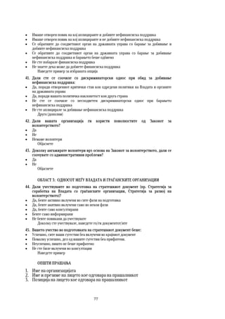 77	
	
 Имаше отворен повик на кој аплициравте и добивте нефинансиска поддршка
 Имаше отворен повик на кој аплициравте и не добивте нефинансиска поддршка
 Се обративте до соодветниот орган на државната управа со барање за добивање и
добивте нефинансиска поддршка
 Се обративте до соодветниот орган на државната управа со барање за добивање
нефинансиска поддршка и барањето беше одбиено
 Не сте побарале финансиска поддршка
 Не знаете дека може да добиете финансиска поддршка
Наведете пример за избраната опција
41. Дали сте се соочиле со дискриминаторски однос при обид за добивање
нефинансиска поддршка:
 Да, поради отворениот критички став кон одредени политики на Владата и органите
на државната управа
 Да, поради вашата политичка наклонетост кон друга страна
 Не сте се соочиле со несоодветен дискриминаторски однос при барањето
нефинансиска поддршка
 Не сте аплицирале за добивање нефинансиска поддршка
Друго (дополни)
42. Дали вашата организација ги користи поволностите од Законот за
волонтерството?
 Да
 Не
 Немаме волонтери
Објаснете
43. Доколку ангажирате волонтери врз основа на Законот за волонтерството, дали се
соочувате со административни проблеми?
 Да
 Не
Објаснете 
 
ОБЛАСТ 3: ОДНОСОТ МЕЃУ ВЛАДАТА И ГРАЃАНСКИТЕ ОРГАНИЗАЦИИ
44. Дали учествувавте во подготовка на стратешкиот документ (пр. Стратегија за
соработка на Владата со граѓанските организации, Стратегија за развој на
волонтерството)?
 Да, бевте активно вклучени во сите фази на подготовка
 Да, бевте акитвно вклучени само во некои фази
 Да, бевте само консултирани
 Бевте само информирани
 Не бевте повикани да учествувате
Доколку сте учествувале, наведете го/ги документот/ите
45. Вашето учество во подготовката на стратешкиот документ беше:
 Успешно, сите ваши сугестии беа вклучени во крајниот документ
 Помалку успешно, дел од вашите сугестии беа прифатени.
 Неуспешно, ништо не беше прифатено
 Не сте биле вклучени во консултации
Наведете пример
ОПШТИ ПРАШАЊА
1. Име на организацијата
2. Име и презиме на лицето кое одговара на прашалникот
3. Позиција на лицето кое одговара на прашалникот
 