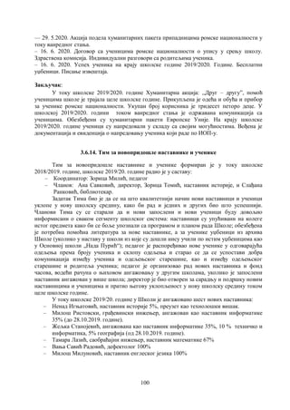 100
–– 29. 5.2020. Акција подела хуманитарних пакета припадницима ромске националности у
току ванредног стања.
– 16. 6. 2020. Договор са ученицима ромске националности о упису у срењу школу.
Здраствена комисија. Индивидуални разговори са родитељима ученика.
– 16. 6. 2020. Успех ученика на крају школске године 2019/2020. Године. Бесплатни
уџбеници. Писање извештаја.
Закључак:
У току школске 2019/2020. године Хуманитарна акција: ,,Друг – другу”, помоћ
ученицима школе је трајала целе школске године. Прикупљена је одећа и обућа и прибор
за ученике ромске националности. Укупан број корисника је тридесет петоро деце. У
школској 2019/2020. години током ванредног стања је одржавана комуникација са
ученицима. Обезбеђени су хуманитарни пакети Европске Уније. На крају школске
2019/2020. године ученици су напредовали у складу са својим могућностима. Вођена је
документација и евиденција о напредовању ученика који раде по ИОП-у.
3.6.14. Тим за новопридошле наставнике и ученике
Тим за новопридошле наставнике и ученике формиран је у току школске
2018/2019. године, школске 2019/20. године радио је у саставу:
– Координатор: Зорица Милић, педагог
– Чланов: Ана Савковић, директор, Зорица Томић, наставник историје, и Слађана
Ранковић, библиотекар.
Задатак Тима био је да се на што квалитетнији начин нови наставници и ученици
уклопе у нову школску средину, како би рад и једних и других био што успешнији.
Чланови Тима су се старали да и нови запослени и нови ученици буду довољно
информисани о сваком сегменту школског система: наставници су упућивани на колеге
истог предмета како би се боље упознали са програмом и планом рада Школе; обезбеђена
је потребна помоћна литература за нове наставнике, а за ученике уџбеници из архива
Школе (уколико у наставу у школи из које су дошли нису учили по истим уџбеницима као
у Основној школи „Нада Пурић“); педагог је распоређивао нове ученике у одговарајућа
одељења према броју ученика и склопу одељења и старао се да се успостави добра
комуникација између ученика и одељењског старешине, као и између одељењског
старешине и родитеља ученика; педагог је организовао рад нових наставника и фонд
часова, водећи рачуна о њиховом ангажовању у другим школама, уколико је запослени
наставник ангажован у више школа; директор је био отворен за сарадњу и подршку новим
наставницима и ученицима и пратио његову уклопљеност у нову школску средину током
целе школске године.
У току школске 2019/20. године у Школи је ангажовано шест нових наставника:
– Ненад Игњатовић, наставник историје 5%, преузет као технолошки вишак.
– Милош Ристовски, грађевински инжењер, ангажован као наставник информатике
35% (до 28.10.2019. године).
– Жељка Станојевић, ангажована као наставник информатике 35%, 10 % техничко и
информатика, 5% географија (од 28.10.2019. године).
– Тамара Лазић, саобраћајни инжењер, наставник математике 67%
– Вања Савић Радовић, дефектолог 100%
– Милош Милуновић, наставник енглеског језика 100%
 