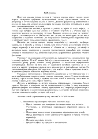 113
3.8.3. Логопед
Почетком школске године логопед је утврдила говорни статус ученика првих
разреда тестирањем тријажним артикулационим тестом, предикционим тестом за
дисграфију и тестом гласовне анализе и синтезе. Добијени резултати су анализирани и
логопед је издвојила ученике првих разреда са говорно језичким поремећајима и свој
налаз саопштила њиховим учитeљима.
Кроз логопедски третман је прошло 32 ученика од првог до осмог разреда, 13
ученика који похађају одељења ученика са посебним потребама и 3 ученика који су
повремено долазили на логопедске третмане. Тринаест ученика од првог до четвртог
разреда су наставу пратили по ИОП-у и код њих су присутне вишеструке сметње, као и
код ученика са посебним потребама. Они имају озбиљне говорно језичке поремећаје који
се испољавају како у експресивном тако и у рецептивном говору.
Најчешће заступљени говорно језички поремећаји су: дислалије, дисфазије,
муцање, као и тешкоће у читању и писању. Код неких ученика је постигнута потпуна
говорна корекција, а код неких делимична. С обзиром да су дисфазије, дислексије и
дисграфије веома комплексни и сложени говорно-језички поремећаји који понекад
захтевају и вишегодишњи рад, динамика напредовања је различита и условљена бројним
факторима.
Ученици су на логопедске вежбе долазили два пута седмично, а индивидуални рад
са њима је трајао од 30 до 45 минута. Рађен је аудиолингвистички третман, подстицан је
семантички развој, развој речника, развој реченице са адекватним морфолошким
конструкцијама. Зависно од тога који су модалитети оштећени користиле су се и
различите методе у отклањању дисфазичних, дислексичних и дисграфичних сметњи. Са
ученицима који се образују по ИОП-у радиле су се и вежбе из области практичног живота,
из сензорне области и активности из језичке области.
Сарадња са наставницима се перманентно одвијала како у току третмана тако и у
време стабилизовања и нормализовања говорног понашања ученика. Редовно се обављао
разговор са родитељима. Њима је пружана адекватна помоћ и давани су савети како да
вежбају са децом, а све у циљу бржег напретка.
Логопед је сарађивала са другим школама, предшколским установама, Домом
здравља, Центром за социјални рад, са стоматолошком службом (у циљу отклањања
физичких препрека за изазивање гласова), аудиолозима и тд. Вођена је документација о
раду као и припрема и класификација средстава за рад (Монтесори материјал, дидактичка
средства, сликовни материјал, сензорна соба и др.)
Активности које су реализоване у току школске 2019/ 2020. године
1. Планирање и програмирање образовно васпитног рада
– Израда годишњег програма рада и месечних планова рада логопеда
– Учествовање у припремама индивидуално образовних планова за
ученике
– Припремање плана стручног усавршавања и професионалног развоја
– Израда распореда за сваког ученика према врстама и степену говорних
поремећаја
– Писање извештаја по потреби
– Вредновање ИОП-а у сарадњи са наставницима
 
