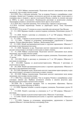 119
– 1– 31. 12. 2019. Вођење документације. Педагошки асистент свакодневно води дневну
евиденцију, коју на крају месеца сумира.
– 26.12.2019. Рад у стручним органима. Тим за подршку Ромима и унапређивање дечјег
стандарда. Дневни ред: Сумирање постигнутих резултата на крају првог полугодишта и
планирање рада и подршке у другом полугодишту.Писање планова за ученике који раде
по ИОП-у за друго полугодиште. Индивидуални разговори са родитељима ученика.
Анализирање владања и дисциплине ученика након другог полугодишта.
– 25.12.2019. Рад у стручним органима. Тим за инклузију. Сарадња са родитељима.
–8.12.2019. Састанак кординатора Тимова са директором школе. Тема: Рализоване
активности.
–25.12.2019. ПА је водио 37 ученика на доделу пакетића који организује Град Ваљево.
– 12 – 31.1.2020. Пружање помоћи и додатне подршке ученицима. Реализовано укупно 51
час.
–12 – 31.1.2020. Помоћ и разговор са ученицима од V до VIII разреда. Обављено 7
разговора са ученицима.
– 12 – 31.1.2020. – Сарадња са родитељима/старатељима.Обављено 13 разговора.
– 12 – 31.1.2020. – Сарадња са установама, организацијама, удружењима и Градском
управом. Ромски образовни фонд. Трибина ,,Запошљавање Рома“.
–12 – 31.1.2020. Помоћ наставницима/учитељима и стручним сарадницима. Обављено 2
разговора са наставницима/учитељима.
– 12 – 31.1.2020. Припрема за рад. Педагошки асистент свакодневни врши припрему за
рад кроз консултације и договоре са учитељима за сваког ученика.
– 12 – 31.1.2020. Вођење документације. Педагошки асистент свакодневно води дневну
евиденцију, коју на крају месеца сумира.
– 20 – 28.2.2020. – Пружање помоћи и додатне подршке ученицима. Реализовано укупно
12 часова.
– 20 – 28.2.2020. Помоћ и разговор са ученицима од V до VIII разреда. Обављено 5
разговора са ученицима.
– 20 – 28.2.2020. Сарадња са родитељима/старатељима. Обављено 4 разговора са
родитељима на терену.
– 20 – 28.2.2020. Помоћ наставницима/учитељима и стручним сарадницима. Обављено 4
разговор са наставницима/учитељима.
– 20 – 28.2.2020. Припрема за рад. Педагошки асистент свакодневно врши припрему за рад
кроз консултације и договоре са учитељима за сваког ученика.
– 20 – 28.2.2020. Вођење документације. Педагошки асистент свакодневно води дневну
евиденцију, коју на крају месеца сумира.
– 27. 2. 2020. Рад у стручним органима. Тим за подршку Ромима и унапређивање дечјег
стандарда. Дневни ред: Праћење активности ученика и анализа резултата рада.
Индивидуални разговори са родитељима ученика.
– 20.2.2020. Рад у стручним органима. Тим за инклузивно образовање. Преглед
документације ученика који раде по ИОП-у.
– 1 – 13.3.2020. Пружање помоћи и додатне подршке ученицима. Реализовано укупно 24
часова.
– 1 – 13.3.2020. Помоћ и разговор са ученицима од V до VIII разреда. Обављено 5
разговора.
– 1 – 13.3.2020. Сарадња са родитељима/старатељима. Обављено 15 разговора.
– 1 – 13.3.2020. Помоћ наставницима/учитељима и стручним сарадницима. Обављено 5
разговора.
– 1 – 13.3.2020. Сарадња са установама, организацијама, удружењима и Градском
управом.Обављен 1 састанaк.Центар за интерацију Рома
 