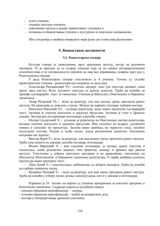 124
– успех ученика,
– очување школске имовине,
– спречавање насиља и акције превентивног деловања и
– позивање и обавештавање ученика о културним и спортским дешавањима.
Због епидемије и увођења ванредних мера један део плана није реализован.
5. Ваннаставне активности
5.1. Рецитаторска секција
Култура говора се свакодневно, кроз дијалошку методу, негује на редовним
часовима. То је прилика да се издвоје ученици који су по својим интерпретативним
способностима и по мотивисаности спремни да овај вид изражавања усаврше кроз рад у
Рецитаторској секцији.
У раду Рецитаторске секције учествовало је 8 ученика. Уочене су следеће
карактеристике ученика - рецитатора као смернице за даљи рад:
– Александра Радовановић VI3− одлична дикција, лако учи текстове напамет, нема
трему пред наступ. Воли духовите текстове са јасном поентом. Треба јој помоћи да
пронађе одговарајући текст за такмичење. Учесник је Школског, Општинског и Окружног
такмичења;
– Лазар Петровић VI3 - воли да рецитује, али има велику трему приликом јавног
наступа. Не уживљава се довољно у песму. Можда му највише одговара љубавна поезија;
– Николина Павловић VI2 – солидан рецитатор, мада тешко проналази одговарајући
текст. Активан је учесник школских и градских представа. Активан је члан и Драмске
секције. Захтева рад на корекцији интонације и јасноће говора;
– Матија Солдатовић V3 – успешан је рецитатор на Општинскoj смотри рецитатора,
активан учесник школских и градских представа. Има склоност ка ведрим, духовитим
темама и успешно их презентује. Захтева више вежбања на чујности гласа, посебно
последњих слогова. Разуме и осећа песму, влада реченичним акцентом. Одговорно
испуњава све задатке;
– Виктор Вујић V3- воли да рецитује, али има велику трему приликом јавног наступа.
Треба пуно радити на дикцији, јасноћи изговора, интонацији.
– Филип Марковић V1 - има гласовни потенцијал за читање дужих текстова и
саопштења, осећа реченични акценат, има правилну дикцију и држање при јавном
наступу. Учествовао у вођењу школских програма и на приредбама, учествовао на
Школском, Општинском и Окружном такмичењу рецитатора. Уз краће вежбање успешно
презентује сваки примерен текст.
– Лана Лукић V1 - самопоуздана, амбициозна, са дбором дикцијом. Треба јој помоћи
да одабере адекватну песму.
– Катарина Ђедовић V1 - воли да рецитује, али има трему приликом јавног наступа.
Треба јој помоћи у избору песме, јачању самопоуздања, али и у дикцији и интонацији.
Одржано је 16 часова, на којима су ученици припремани за школске програме и
Општинско такмичење. Садржаји којима је посвећена пажња:
– основни принципи версификације – теорија,
– основни принципи версификације – вежба на конкретном делу,
– поезија у интерпретацији драмских уметника,
 