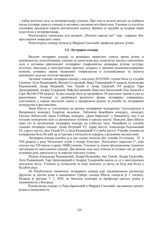 125
– избор поетских дела за интерпретацију ученика. При том се водило рачуна да изабрана
песма одговара узрасту ученика и његовим гласовним могућностима. Ученици су изузетно
одговорно прилазили сваком постављеном задатку, брижно се трудећи да исправе сваки
недостатак у интерпретацији.
Рецитаторско такмичење под називом ,,Песниче народа могˮ није одржано због
проглашеног ванредног стања.
Рецитаторску секцију водила је Мирјана Смоловић, професор српског језика.
5.2. Литерарна секција
Циљеви литерарне секције су развијање правилног односа према језику и
књижевности; оспособљавање ученика за самосталан рад, комплетну анализу уметничких
дела и неговање оригиналног литерарног стваралаштва; развијање језичке културе,
естетског мишљења и конструктивне критике; усвајање и примена књижевнотеоријских
појмова, уочавање закона књижевног стваралаштва и оспособљавање за анализу
књижевног дела као естетске вредности.
Активни чланови литерарне секције у школској 2019/2020. години били су следећи
ученици: Лола Радивојевић, Матија Солдатовић, Вања Танасијевић (V разред) Александра
Радовановић, Лазар Петровић, Ана Тешић и Лазар Грујичић (VI разред); Тара
Димитријевић, Андреј Тодоровић, Нађа Богдановић, Кристина Јаковљевић, Ема Алексић и
Сара Мутић (VIII разред). За рад секције било је предвиђено 20 школских часова и сви су
реализовани. Ученици су увежбавали различите форме литерарног изражавања,
учествовали у изради школских паноа и припремали радове за учешће на литерарним
конкурсима и фестивалима.
Ђаци Школе су учествовали на разним литерарним конкурсима: Светосавском и
Васкршњем конкурсу Епархије ваљевске, Таблином Божићном конкурсу, конкурсу
Градске библиотеке града Сомбора, конкурсу „Дани ћирилице” у Баваништу, као и на
осталим конкурсима које су расписивале основне и средње школе. Поводом Дана Школе
први пут је организован литерарни конкурс на слободну тему. Награђени су следећи
чланови литерарне секције: Лазар Петровић VI3 (прво место), Александра Радовановић
VI3 (друго место), Ана Тешић VI3 и Лола Радивојевић V3 (треће место). Учешће ученика на
конкурсима било би веће да се настава у потпуности одвијала у редовним околностима.
Литерарна секција посебно је и ове године поносна због учешћа 10 ученика VI и
VIII разреда у раду Читалачког клуба у оквиру Клетовог „Читалачког маратона 3ˮ, који
окупља око 520 школа и преко 10000 ученика. Ученици су током три радионице тумачили
три романа из овогодишње едиције. Два романа, која нису изашла из штампе све до друге
половине јуна, преостала су за наредну школску годину.
Радови Александре Радовановић, Лазара Петровића, Ане Тешић, Лазара Грујичића,
Лоле Радивојевић, Таре Димитријевић и Андреја Тодоровића нашли су се у овогодишњем
школском листу. Ученици су похваљени за своје залагање, уз жељу да буду још бољи у
будућем раду.
На Републичком такмичењу литерарних секција које традиционално организује
Друштво за српски језик и књижевност Србије, секција Школе освојила је 3. награду.
Награда је уручена 7. 2. 2020. на Зимском семинару за професоре српског језика и
књижевности у Београду.
Руководиоци секције су Рајна Бранковић и Мирјана Смоловић, наставници српског
језика и књижевности.
 