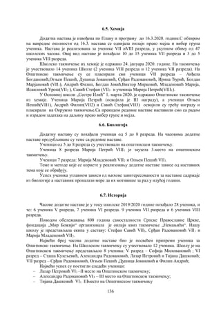 136
6.5. Хемија
Додатна настава је извођена по Плану и програму до 16.3.2020. године.С обзиром
на ванредне околности од 16.3. настава се одвијала онлајн преко мејла и вибер група
ученика. Настава је реализована за ученике VII иVIII разреда, у укупном обиму од 47
школских часова. Овај вид наставе је похађало 10 до 15 ученика VII разреда и 3 до 5
ученикa VIII разреда.
Школско такмичење их хемије је одржано 24. јануара 2020. године. На такмичењу
је учествовало 14 ученика Школе (2 ученика VIII разреда и 12 ученика VII разреда). На
Општинско такмичење су се пласирали сви ученици VII разреда – Анђела
Богдановић,Огњен Пешић, Душица Јовановић, Срђан Радовановић, Ирина Ђурић, Богдан
Марјановић (VII1), Андрић Филип, Богдан Јовић,Виктор Мирковић, Младеновић Марија,
Исаиловић Урош(VII2 ), Савић Стефан (VII3 и ученица Марија Петрић(VIII1).
У Основној школи „Сестре Илићˮ 1. марта 2020. је одржано Општинско такмичење
из хемије. Ученицa Марија Петрић (освојила је III награду), a ученици Огњен
Пешић(VII1), Андрић Филип(VII2) и Савић Стефан(VII3) освојили су трећу награду и
пласирали на Окружно такмичење.Са прекидом редовне наставе наставили смо са радом
и израдом задатака на даљину преко вибер групе и мејла.
6.6. Биологија
Додатну наставу су похађали ученици од 5 до 8 разреда. На часовима додатне
наставе продубљиване су теме са редовне наставе.
Ученици од 5 до 8 разреда су учествовали на општинском такмичењу.
Ученица 8 разреда Марија Петрић VIII1 је заузела 3.место на општинском
такмичењу.
Ученици 7 разреда: Марија Младеновић VII2 и Огњен Пешић VII1.
Теме и методе које се користе у реализовању додатне наставе зависе од наставних
тема које се обрађују.
Успех ученика углавном зависи од њихове заинтересованости за наставне садржаје
из биологије а наставник проналази мере да их мотивише за рад у идућој години.
6.7. Историја
Часове додатне наставе је у току школске 2019/2020 године похађало 28 ученика, и
то: 6 ученика V разреда, 7 ученика VI разреда. 9 ученика VII разреда и 6 ученика VIII
рaзреда.
Поводом обележавања 800 година самосталности Српске Православне Цркве,
фондација „Мир Божији“ организовала је онлајн квиз такмичење „Немањићи“. Нашу
школу је представљала екипа у саставу: Стефан Савић VII3, Срђан Радовановић VII1 и
Марија Младеновић VII2.
Највећи број часова додатне наставе био је посвећен припреми ученика за
Општинско такмичење. На Школском такмичењу су учествовало 12 ученика. Школу је на
Општинском такмичењу представљало 8 ученика: V разред – Софија Миловановић ; VI
разред – Сташа Кузељевић, Александра Радовановић, Лазар Петровић и Тијана Дашковић;
VII разред – Срђан Радовановић, Огњен Пешић ,Душица Јовановић и Филип Андрић;
Највећи успех су постигли следећи ученици:
– Лазар Петровић VI3 –II место на Општинском такмичењу;
– Александра Радовановић VI3 – III место на Општинском такмичењу;
– Тијана Дашковић VI1 IIIместо на Општинском такмичењу
 