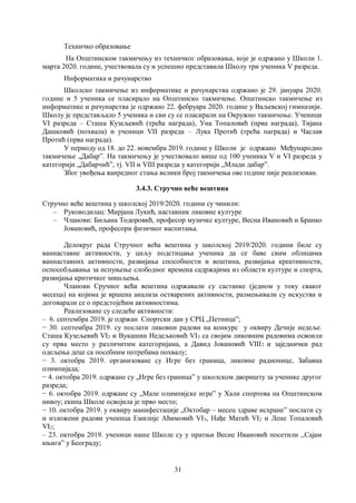 31
Техничко образовање
На Општинском такмичењу из техничког образовања, које је одржано у Школи 1.
марта 2020. године, учествовала су и успешно представила Школу три ученика V разреда.
Информатика и рачунарство
Школско такмичење из информатике и рачунарства одржано је 29. јануара 2020.
године и 5 ученика се пласирало на Општинско такмичење. Општинско такмичење из
информатике и рачунарства је одржано 22. фебруара 2020. године у Ваљевској гимназији.
Школу је представљало 5 ученика и сви су се пласирали на Окружно такмичење. Ученици
VI разреда – Сташа Кузељевић (трећа награда), Уна Топаловић (прва награда), Тијана
Дашковић (похвала) и ученици VII разреда – Лука Протић (трећа награда) и Часлав
Протић (прва награда).
У периоду од 18. до 22. новембра 2019. године у Школи је одржано Међународно
такмичење „Дабарˮ. На такмичењу је учествовало више од 100 ученика V и VI разреда у
категорији „Дабарчићˮ, тј. VII и VIII разреда у категорији „Млади дабарˮ.
Због увођења ванредног стања велики број такмичења ове године није реализован.
3.4.3. Стручно веће вештина
Стручно веће вештина у школској 2019/2020. години су чинили:
– Руководилац: Мирјана Лукић, наставник ликовне културе
– Чланови: Биљана Тодоровић, професор музичке културе, Весна Ивановић и Бранко
Јовановић, професори физичког васпитања.
Делокруг рада Стручног већа вештина у школској 2019/2020. години биле су
ваннаставне активности, у циљу подстицања ученика да се баве свим облицима
ваннаставних активности, развијања способности и вештина, развијања креативности,
оспособљавања за испуњење слободног времена садржајима из области културе и спорта,
развијања критичког мишљења.
Чланови Сручног већа вештина одржавали су састанке (једном у току сваког
месеца) на којима је вршена анализа остварених активности, размењивали су искуства и
договарали се о предстојећим активностима.
Реализоване су следеће активности:
– 6. септембра 2019. је одржан Спортски дан у СРЦ „Петницa”;
− 30. септембра 2019. су послати ликовни радови на конкурс у оквиру Дечије недеље.
Сташа Кузељевић VI2 и Вукашин Недељковић VI3 са својим ликовним радовима освоили
су прва место у различитим категоријама, а Давид Јовановић VIII2 и заједнички рад
одељења деце са посебним потребама похвалу;
− 3. октобра 2019. организоване су Игре без граница, ликовне радионице, Забавна
олимпијада;
− 4. октобра 2019. одржане су „Игре без границаˮ у школском дворишту за ученике другог
разреда;
− 6. октобра 2019. одржане су „Мале олимпијске игреˮ у Хали спортова на Општинском
нивоу; екипа Школе освојила је прво место;
− 10. октобра 2019. у оквиру манифестације „Октобар – месец здраве исхранеˮ послати су
и изложени радови ученица Емилије Аћимовић VI3, Нађе Матић VI2 и Лене Топаловић
VI2;
– 23. октобра 2019. ученици наше Школе су у пратњи Весне Ивановић посетили ,,Сајам
књига” у Београду;
 