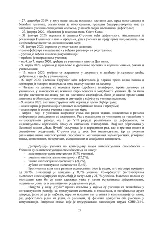 35
– 27. децембра 2019. у холу наше школе, последњи наставни дан, пред новогодишње и
божићне празнике, организован је новогодишњи, продајни базаррукотворина које су
направили ученици специјалних одељења, уз помоћ својих наставника, дефектолог;
– 27. јануара 2020. обележена је школска слава, Свети Сава;
– 31. јануара 2020. одржана је седница Стручног већа дефектолога. Анализирана је
реализација Годишњег плана и програма, успех ученика на крају првог полугодишта, као
и спровођење васпитно-дисциплинских мера;
– 31. јануара 2020. одржани су родитељски састанци;
–током фебруара свакодневно су вођењи разговори са родитељима;
– уредно је вођена школска документација;
– праћено је напредовање ученика;
– од 4. до 7. марта 2020. уређене су учионице и пано за Дан жена;
– 9. марта 2020. одржано је прављење и уручивање честитки и корпица мамама, бакама и
учитељицама;
– 13. марта 2020. уређене су жардињере у дворишту и засађено је сезонско цвеће;
сређивано је и цвеће у учионицама;
–16. март 2020. Састанак Стручног већа дефектолога је одржан преко видео позива и
договорен је оквирни план рада за прву недељу наставе на даљину;
– Настава на даљину се одвијала преко одређених платформи, према договору са
ученицима, у зависности од техничке опремљености и могућности ученика. Да би било
могуће наставити по плану рад на наставним садржајима, било је важно прилагодити
динамику и обим рада ученицима и ситуацији у којој су се ученици налазили;
– 9. априла 2020. састанак Стручног већа одржан је преко Вајбер групе;
– анализирана је реализација годишњег и оперативног плана и програма;
– анализиран је успеха ученика и васпитних мера;
– Април – мај– У условима ванредног стања сви радни задаци, обавештења и размена
информација свакодневно су ажурирани. Рад у одељењима са ученицима са тешкоћама у
интелектуалном развоју, од I до VIII разреда реализовали су дефектолози, по
индивидуалном образовном плану са измењеним стандардима. Овај вид образовања у
Основној школи „Нада Пурић” укључивао је и корективни рад, као и третман опште и
специфичне реедукације. Стручни рад је увек био индивидуалан, јер су ученици
различитог нивоа интелектуалних способности, мотивационих карактеристика, усвојеног
знања, когнитивних, моторичких, емоционалних и социјалних капацитета.
Дистрибуција ученика по критеријуму нивоа интелектуалних способности –
Ученици су са интелектуалним способностима на нивоу:
– лаке интелектуалне ометености (8,7% ученика),
– умерене интелектуалне ометености (52,2%),
– тешке интелектуалне ометености (21,7%),
– дубоке интелектуалне ометености (17,4%).
Број ученика који нису развили експресивни говор је седам, што одговара проценту
од 30,7%. Епилепсија је присутна у 30,7% ученика. Коморбидитет (интелектуална
ометеност и психијатријски поремећај) је заступљен у 21,7% ученика. Наведени подаци су
неопходни како би се имао адекватан увид у начин остваривања дефектолошког,
педагошког, општег и специфичног реедукативног рада.
Имајући у виду „груби“ приказ одељења у којима су ученици са тешкоћама у
интелектуалном развоју, са придруженим сметњама и тешкоћама, и оштећењима друге
природе, јасно је да је најбољи, неретко и једини пут ступања у комуникацију са њима,
рад дефектолога један на један, са учеником, тј. физичко присуство оба учесника у
комуникацији. Ванредно стање, које је проузроковано пандемијом вируса КОВИД-19,
 
