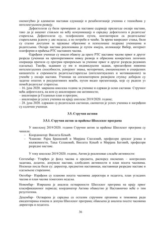 36
онемогућио је адекватан наставак едукације и рехабилитације ученика с тешкоћама у
интелектуалном развоју.
Дефектолози су били приморани да наставне садржаје прилагоде онлајн настави,
тако да је акценат стављен на већу комуникацију и сарадњу дефектолога и родитеља/
старатеља. Дефектолози су, телефонским путем, контактирали са родитељима/
старатељима једном у две недеље, а по потреби и чешће. За време ванредног стања, били
су стално доступни за пружање образовне и психолошке подршке ученицима и
родитељима. Онлајн настава реализована је путем имејла, апликације Вибер, интернет
платформи и праћења РТС наставних часова.
Одређени ученици су имали обавезу да прате РТС наставне часове првог и другог
разреда (ученици на преоперативном нивоу развоја и обрисима конкретних логичких
операција пратили су програм припремљен за ученике првог и другог разреда редовних
одељења). Такође, задавани су им и индивидуални задаци, прилагођени нивоима
интелектуалних способности, усвојеног знања, моторичких, емоционалних и социјалних
капацитета и спремности родитеља/старатеља (интелектиуалних и мотивационих) за
учешће у онлајн настави. Ученици на сензомоторном развојном ступњу добијали су
задатке општих и реедукативних вежби, путем видео презентација, које су радили уз
помоћ родитеља/ старатеља.
– 16. јуна 2020. завршена школска година за ученике и одржан је осми састанак Стручног
већа дефектолога, на ком су анализиране све активности;
– анализиран је Годишњи план и програм;
– анализиран је успех ученика на крају школске 2019/2020. године;
– 28. јуна 2020. одржани су родитељски састанци, саопштен је успех ученика и награђени
су одлични ученици.
3.5. Стручни активи
3.5.1. Стручни актив за праћење Школског програма
У школској 2019/2020. години Стручни актив за праћење Школског програма су
чинили:
– Координатор: Виолета Кењић.
– Чланови: Рајна Бранковић и Мирјана Смоловић, професори српског језика и
књижевности, Тања Селаковић, Виолета Кењић и Мирјана Беговић, професори
разредне наставе.
У току школске 2019/2020. године, Актив је реализовао следеће активности:
Септембар– Утврђен је фонд часова и предмета, распоред писмених – контролних
задатака, додатне, допунске наставе, слободних активности и план посета часовима.
Носиоци посла били су: директор, предметни наставници, наставници разредне наставе и
одељењске старешине.
Октобар– Израђени су планови посета часовима директора и педагога, план угледних
часова и план часова тематских недеља.
Новембар– Извршена је анализа остварености Школског програма на крају првог
класификационог периода; координатор Актива обавестио је Наставничко веће о тим
резултатима.
Децембар– Остварена је сарадња са осталим стручним органима и тимовима ради
евидентирања измена и допуна Школског програма; обављена је анализа посете часовима
директора и педагога.
 