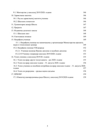 5
9.1. Менторство у школској 2019/2020. години 146
10. Здравствена заштита 146
10.1. Рад на здравственој заштити ученика 146
10.2. Школски стоматолог 146
11. Хуманитарне акције Школе 147
12. Пројекти 147
13. Издавачка делатност школе 148
13.1. Школски лист 148
14. Светосавске похвале 149
15. Награђени ученици 149
15. 1. Награђени ученици на такмичењима у организацији Министарства просвете,
науке и технолошког развоја 149
15.2. Награђени ученици VIII разреда 152
15.2.1. Ученици носиоци Вукове дипломе и посебних диплома 152
15.2.2 О Ученику генерације школске 2019/2020. године 153
16. Успех ученика у школској 2019/20. години 155
16.1. Успех на крају другог полугодишта – јун 2020. године 155
16.2. Успех на крају школске године – 31. августа 2020. године 156
16.3. Успех ученика са посебним потребама на крају школске године – 31. августа 2020.
године 157
16.4. Успех по разредима – средња оцена одељења 158
17. ПРИЛОГ 159
17.1.Извештај самовредновања рада Школе у школској 2019/2020 години 159
 