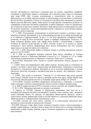 55
настави. Договорена је стратегија и динамика рада на даљину, коришћење одређених
платформи и друштвених мрежа и апликација, као и размена идеја о раду са ученицима
који имају ИОП (због отежане комуникације и немогућности рада на даљину).
Процењено је да је вибер најједноставнији за комуникацију са родитељима и ученицима.
Остало ће бити договорено у складу са ситуацијом и могућностима наставника и ученика.
Према упутству Школске управе, сваке недеље се мора предати електронски документ, са
планираним седмичним наставним садржајима за време ванредног стања по предметима,
као и извештај за протеклу седмицу. Настава се мора прилагодити условима рада код куће.
За тај посао задужена је Јелена Димитријевић која ће у сарадњи са учитељицама правити
план рада и писати извештаје.
– 17. 3. 2020. Успостављање комуникације са родитељима ученика и договор о раду у
внредној ситуацији. Договорено је да се комуникација настави путем вибер апликације јер
је то најлакше и најједноставније. За рад у 3-1 ће бити оформљена платформа Google-
учионица, на којој ће бити постављани задаци и одређене информације. Родитељи 3-1
имају затворену фејсбук групу која такође може помоћи у комуникацији и сарадњи.
Ученици ће пратити видео-наставу на РТС2, онолико колико се то уклапа са нашим
плановима у овом периоду. Информације ћемо делити свакодневно. Све што ученици
ураде шаље се на мејл или преко гугл учионице.
– 23. 3-27. 3. 2020. Надокнада трећих и четвртих часова из седмице продужетка зимског
распуста (18-22.2.2020.)
– 29. 3. 2020. на литерарном конкурсу поводом Дана школе, награђане су Теодора
Кесеровић (2.место) и Николина Павловић (3.место) из 3-1. Ученици из 3-2 су такође
учествовали и њихови радови су објављени у часопису “Наш глас”( 7 ученика)
– 30.3-3.4.2020, Надокнада петих часова из седмице продужетка зимског распуста (18-
22.2.2020.)
– 1. 4.2020. Осми састанакразредног већа трећег разреда. Анализа рада са ученицима на
даљину и договор о даљем раду- консултације око формативног оцењивања и уписивања
активности у електронски дневник. Договрено је да се количина информација и захтеви
прилагоде тренутној ситуацији и могућностима рада на даљину, због ванредног стања и
пандемије.
– 2. 4.2020. „Дан особа са аутизмом”. Ученици 3-1 су обележили овај датум правећи
видео-записе, пишући песму или причу и цртајући цртеж свом другу Лазару Зарићу који
има аутизам. Њихови радови послати су Лазаревој мајци преко вибера. (21 ученик)
– 13-16.4.2020. Седимца посвећена васкршњим активностима у породици, у условима
кућне изолације, ученици су радили радове, писали саставе и шарали васкршња јаја.
– 14. 4. 2020.У оквиру наставе на РТС2, ученици су имали тематски дан посвећен Васкрсу.
– 17-20. 4. 2020. Васкршњи празници за ученике и наставнике
– У периоду до 9.4.2020. ученици су формативно оцењивани, тако што им се у
електронском дневнику бележило ангажовање и редовно слање задатака, кроз активност
током пандемије Након тог периода, по препоруци Министарства просвете, науке и
технолошког развоја, формативне оцене је могуће превести у сумативне (бројчане) оцене.
Треба наставити и са формативним оцењивањем и даље.
– 23.4.2020. Светски дан дечје књиге, ученици су са учитељицама обележили кроз
активности током наставе на даљину.(сви ученици).
–30.4.2020. Поводом 3.маја, Дана Сунца, ученици су радили плакат и имали радионицу у
оквиру чувара природе, о значају Сунца за живи свет на Земљи као и о значају коришћења
обновљивих извора соларне енергије, која је еколошки оправдана и не загађује околину.
(сви ученици)
 