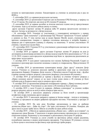 58
штампа за заинтересоване ученикe. Евидентирани су ученици за допунски рад и рад по
ИОП-у;
– 5. септембра 2019. су одржани родитељски састанци
– 6. септембра 2019. је организован Спортски дан на базенима СРЦ Петница, у трајању од
10 до 14 часова. На спортски дан ишло је 60 ученика IV разреда;
– 8. септембра 2019. је одржан молебан за почетак школске године ком је присуствовало
10 ученика који су на поклон добили свеску и оловку.
други састанак Стручног актива IV разреда већа IV разреда (родитељски састанци и
предлог Актива за активности у Дечјој недељи)
– 14. септембра 2019. Ученици су учествовали у планинарској активности у оквиру
обележавања "Дана пешачења" у организацији ПД "Повлен" прошетали "Стазом љубави"
у дужини од 4км. У току шетње коју је водио Бранко Матић, водич, ученицима је на
кратким одмориштима говорио о здравим стиловима живљења и потреби боравка у
природи као и прикладном одевању и обувању за пешачења. У шетњи учествовало 10
ученика, 2 родитеља и једна бака.
– 27. септембра 2019. Ученици IV/3 су учествовали у реализацији амбијенталне наставе на
тему „Свици у воденици“
– 2. октобра 2019. је одржан други састанак Стручног актива IV разреда на ком је
договорена је реализација активности у Дечјој недељи која ће бити реализована од 7.10. до
12.10. 2019. године и дати предлози за радионице које ћемо за предшколце реализовати до
краја првог полугодишта.
– 3. октобра 2019. У сали јавног тужилаштва гост песник Љубивоје Ршумовић. Сусрет са
песником и разговор кроз песничко казивање о животу и стваралаштву. Присуствовало 10
ученика.
– 7. октобра 2019. је организована хуманитарна акција „Друг другуˮ поводом Дечје
недеље. Ученици су доносили школски прибор и друштвене игре које су поклоњене
продуженом боравку; Отварање Дечје недеље у Музичкој школи Спортске игре - фудбал
(турнир ученика четвртог разреда у школском дворишту учествовало 60 ученика.)
– 8. октобра 2019. је организован је турнир у фудбалу за ученике четвртог разреда у
„Првој основној школи“ играло се на мале голове једна екипа а 40 ученика је било
публика која је бодрила екипу која је освојила друго место.
– 9. октобра 2019. је организован ревијални кошаркашки турнир у „Првој основној школи“
за дечаке и девојчице. Учествовале су две екипе а 20 ученика је било публика.
– 9. октобра 2019. у хали Студент је одржана „Забавна олимпијадаˮ за ученике млађих
разреда градских школа на ком је екипа освојила прво место;
– 10. октобра 2019. у школском дворишту ученици су били помоћ у организацији
штафетних игара ученицима другог разреда
– 11. октобра 2019. У школском дворишту одржан је Јесењи вашар – понуда и потражња.
Ученици су продавали на својим уређеним продајним местима. Учествовало у продаји 25
ученика.
– 12. октобра 2019. На кеју реке Колубаре организована је трка за срећније
детињство„Имам циљ - Дођи на старт“...На трци учествовало 20 ученика. Освојена два
друга места и једно треће место. Школа за учешће на трци добила пехар.
– 16. октобра 2019. у Школи је одржана радионица „Имамо циљ - дођите да се играмоˮ, за
предшколце града Ваљева. У радосном и ведром расположењу предшколци су уживали у
спортским играма. Радионицу су испланирале и реализовале учитељице IV разреда.
– 18. октобра 2019. Ученици су узели учешће на фестивалу јабука својим радовима,
изложбеним паноима и својим асортиманом продајним. Учествовало 30 ученика а остали
су били купци и посетиоци на фестивалу који организује трећи разред.
 