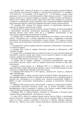 60
– 27. децембра 2019. ученици IV рaзреда су са својим учитељицама посетили Народни
музеј у Ваљеву. Три одељења IV разреда су у три различита термина (IV1 27. децембра у
11.30 часова, IV3 28. децембра у 10.30 часова и IV2 у 11.30 часова), у музеју, имали
радионицу „Сеча кнезова и улога Ненадовића у Првом српском устанкуˮ. У претходном
периоду ученици су из предмета Природа и друштва у оквиру наставне теме Прошлост
Србије учили о Првом српском устанку. Већ стечени ниво знања допринео је да ученици
са пажњом и разумевањем слушају предавање које је реализовала Марина Ћировић. На
крају радионице нарочиту пажњу им је привукао квиз који су веома успешно решили;
– 27. децембра 2019. ученици IV/3 рaзреда одржали су новогодишњу представу за
родитеље под називом „Да нисам сам и тужан“
– 22. јануара 2020. је одржан састанак Стручног актива IV разреда, на коме је разговарано
о предстојећим школским такмичењима, реализацији радионица за предшколце и
прослави школске славе Светог Саве, као и о сређивању документације за крај
полугодишта и организовању родитељских састанака;
– 22. јануара 2020. је одржана радионица за предшколце под називом „Свети Сава наш
учитељˮ. Разговарали смо о зимским чаралијама на снегу, о припремама, поклонима,
празницима. Ову радионицу је организоваиа и водили ученици IV/3 разреда са својом
учитељицом као вид вршњачког подучавања уз казивање својих делова текстова о Светом
Сави.
– 7. новембар 2019. године је одржано Школско такмичење из Математике. Учествовало је
15 ученика IV разреда.
–7. децембра 2019. године је одржано Општинско такмичење из Математике у ОШ
,,Милован Глишић“
– 27. јануара 2020. је обележена школска слава Свети Сава. Тог дана свештеник Драгомир
Јовановић је освештао славско жито; након тога су ученици IV разред, на нивоу својих
одељења, одржали час посвећен Светом Сави;
– 30. јануара 2020. Заједно на клизалишту – бесплатни термини за грађанство
– 31. јануара 2020. је одржане приредба за родитеље ученикаповодом краја првог
полугодишта школске године; затим су одржани родитељски састанци за крај првог
полугодишта;
– планиран је зимски распуст од 1. фебруара 2019. до 17. фебруара 2019., али због
епидемије Корона вируса Министарство просвете, науке и технолошког развоја је донело
одлуку да се зимски распуст продужи за још једну недељу;
– 21. фебруара 2020.ученици IV/1 и IV/3 заједно у „Биоскопу 85“ гледали су „Патролне
шапе“ 3Д пројекција.
– 27. фебруара 2020. је одржан састанак Стручног актива IV разред. Договорено је да се
интензивирају припреме ученика за такмичење из рецитовања и да се припреме радови за
школски лист. Договорено је да се редовно води школска документација. Урађени су
ИОП-и за друго полугодиште. Евидентирани су ученици за математичко такмичење
„Кенгурˮ;
– 27. фебруара 2020. Основна школа „Нада Пурићˮ, у сарадњи са организацијом AIESEC,
је реализовала радионице Енглеског језика, које су водили инострани студенти,
квалификовани за рад са ученицима. У периоду од пет недеља, ученици млађих разреда
имали су прилику да унапреде своје знање из енглеског језика.
– 22.фебруар 2020. је одржано Окружно такмичење из математике у Основној школи
„Владика Николај Велимировићˮ, учествовало је 6 ученика;
– 13. марта 2020. у Школи су одржани Зимски сусрети учитеља Србије, у организацији
Савеза учитеља РС и Друштва учитеља Ваљева. На пет програма обуке је учествовало
преко сто педесет учитеља, наставника и васпитача из Ваљева, Лајковца, Мионице,
Осечине итд. Школа је као и увек, отворила своја врата за просветне раднике који увек
 
