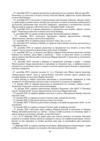 65
– 13. новембра 2019. је одржана радионица за предшколце под називом „Весели прстићиˮ.
Радионицу су осмислиле и водиле логопед Светлана Матић, дефектолог Јелена Павловић
и учитељице боравка;
– 14. новембра 2019. учитељице су присуствовале презентацији уџбеника „Вулкан знање“
за трећи разред основне школе на којој смо упознати са новим штампаним уџбеницима и
дигиталним уџбеницима који подстичу савремену, динамичну и интерактивну наставу.
Презентација је одржана у Музичкој школи „Живорад Грбић“ у Ваљеву.
– 20. новембра 2019. је одржана радионица за предшколце под називом „Цртам, сликам,
вајамˮ. Радионицу осмислиле и водиле учитељице боравка;
– 6. децембра 2019. је одржан четврти састанак Актива Продуженог боравка;
– 15. децембра 2019. учитељице продуженог боравка присуствовале семинару
„Ванучионичка настава у дигиталном окружењу“
– 23. децембра 2019. је одржана израда школског паноа „Хо, хо, хоˮ;
– 24. децембра 2019. ученици у боравку су правили новогодишње честитке, китили јелку и
украшавали пано;
– 25. децембра 2019. је одржана радионица за предшколце под називом „Стиже Нова
година” коју су осмислиле и реализовале учитељице из боравка;
– 26. децембра 2019. је у Свечаној сали Школе одржана новогодишња представа ученика
боравка под називом „Деда Мраз у проблему” . Текст за представу писале су ученица
другог разреда Јана Милановић и учитељица Марија Јанковић. У представи је учествовало
око 50 ученика;
– 27. децембра 2019. ученици у боравку су направљене сувенире и украсе у оквиру
Новогодишњег базара презентовали и продавали на Градском тргу, а зарађени новац су
искористили за куповину земље и семена од кога ће правити расад биљака за украшавање
школског дворишта;
–27. децембра 2019. ученици одељења I3 су у Свечаној сали Школе извели представу
„Новогодишња прича“ којој је присуствовало неколико ученика другог разреда који
похађају боравак и учитељица Марија Јанковић;
– током јануара је вођена педагошка евиденција и документација, направљен је план
активности за обележавање школске славе и подељена су задужења за приредбе;
– 15. јануара 2020. је одржана радионица за предшколце под називом „Зимске сликеˮ.
Радионицу осмислиле и водиле учитељице боравка;
– 16. јануара 2020. одржана презентација уџбеника Издавачке куће БИГЗ У Основној
школи “АндраСавчић“ којој је присуствовала учитељица Марија Јанковић;
– 23. јануара 2020. је одржано уређење школског и паноа у Продуженом боравку поводом
школске славе;
– 21. јануара 2020. је одржана седница Стручног већа за разредну наставу;
– 27. јануара 2020. је обележена школска слава Свети Сава;
– 29. јануара 2020. У Школи је реализован семинар „Употреба интерактивне табле“ за све
наставнике.
– 30. јануара 2020. је одржана седница Стручног већа за разредну наставу;
– 31. јануара 2020. учитељица првог разреда Мирјана Беговић и учитељица из боравка
Марија Јанковић реализовале су двочас - потрагу за QR кодовима са ученицима првог и
другог разреда под називом „Потрага за Светим Савом”;
– од 1. до 23. фебруара 2020. је трајао други део зимског распуста за ученике. Наставни
радници су за време зимског распуста дежурали у школи, по утврђеном распореду. Зимски
распуст је био продужен за четири наставна дана који су надокнађени кроз сажимање
градива;
– 2. фебруара 2020. је одржан семинар под називом „Међупредметне компетенције”, којим
је Школа отпочела пројекат под називом „Путевима Десанке Максимовић ;
 