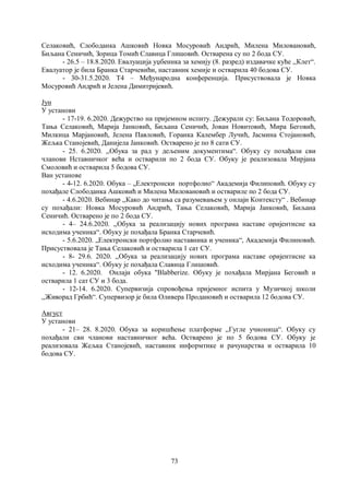 73
Селаковић, Слободанка Ашковић Новка Мосуровић Андрић, Милена Миловановић,
Биљана Сеничић, Зорица Томић Славица Глишовић. Остварена су по 2 бода СУ.
- 26.5 – 18.8.2020. Евалуација уџбеника за хемију (8. разред) издавачке куће ,,Клет“.
Евалуатор је била Бранка Старчевићи, наставник хемије и остварила 40 бодова СУ.
- 30-31.5.2020. Т4 – Mеђународна конференција. Присуствовала је Новка
Мосуровић Андрић и Јелена Димитријевић.
Јун
У установи
- 17-19. 6.2020. Дежурство на пријемном испиту. Дежурали су: Биљана Тодоровић,
Тања Селаковић, Марија Јанковић, Биљана Сеничић, Јован Новитовић, Мира Беговић,
Милкица Марјановић, Јелена Павловић, Горанка Калембер Лучић, Јасмина Стојановић,
Жељка Станојевић, Данијела Јанковић. Остварено је по 8 сати СУ.
- 25. 6.2020. ,,Обука за рад у дељеним документима“. Обуку су похађали сви
чланови Нставничког већа и остварили по 2 бода СУ. Обуку је реализовала Мирјана
Смоловић и остварила 5 бодова СУ.
Ван установе
- 4-12. 6.2020. Обука – „Електронски портфолио“ Академија Филиповић. Обуку су
похађале Слободанка Ашковић и Милена Миловановић и оствариле по 2 бода СУ.
- 4.6.2020. Вебинар ,,Како до читања са разумевањем у онлајн Контексту“ . Вебинар
су похађали: Новка Мосуровић Андрић, Тања Селаковић, Марија Јанковић, Биљана
Сеничић. Остварено је по 2 бода СУ.
- 4– 24.6.2020. ,,Обука за реализацију нових програма наставе оријентисне ка
исходима ученика“. Обуку је похађала Бранка Старчевић.
- 5.6.2020. „Електронски портфолио наставника и ученика“, Академија Филиповић.
Присуствовала је Тања Селаковић и остварила 1 сат СУ.
- 8- 29.6. 2020. ,,Обука за реализацију нових програма наставе оријентисне ка
исходима ученика“. Обуку је похађала Славица Глишовић.
- 12. 6.2020. Онлајн обука "Blabberize. Обуку је похађала Мирјана Беговић и
остварила 1 сат СУ и 3 бода.
- 12-14. 6.2020. Супервизија спровођења пријемног испита у Музичкој школи
,,Живорад Грбић“. Супервизор је била Оливера Продановић и остварила 12 бодова СУ.
Август
У установи
- 21– 28. 8.2020. Обука за коришћење платформе ,,Гугле учионица“. Обуку су
похађали сви чланови наставничког већа. Остварено је по 5 бодова СУ. Обуку је
реализовала Жељка Станојевић, наставник информтике и рачунарства и остварила 10
бодова СУ.
 