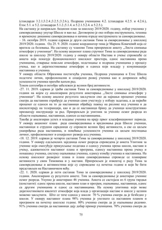 75
(стандарди 3.2.1;3.2.4.;3.2.5.;3.2.6.), Подршка ученицима 4.2. (стандарди 4.2.5. и 4.2.6.),
Етос 5.1. и 5.2. (стандарди 5.1.2.;5.1.4. и 5.2.1.5.2.4. и 5.2.5.).
На састанку је направљен Акциони план за школску 2019/2020. годину, избор учесника у
самовредновању унутар Школе и ван ње. Договорено је око избора инструмената, техника
и временске динамике самовредновања и начина израде инструмената за самовредновање.
– 16. октобра 2019. године одржан је други састанак Тима за смовредновање у школској
2019/2020. години. Од 25. 9. 2020. године координатор тима је Марина Ковачевић која се
вратила са боловања. На састанку су чланови Тима припремили анкету ,,Листа снимања
атмосфере у учионици“. На основу акционог плана стручног Тима за самовредновање рада
школе за школску 2019/2020. годину у оквиру области Настава и учење спровешће се
анкета која показује функционалност школског простора, однос наставника према
ученицима, стварање повољне атмосфере, подстицање и подршка ученицима у процесу
учења, као и дијагностиковање атмосфере и односа који владају у комуникацији
наставника и ученика.
У оквиру области Образовна постигнућа ученика, Подршка ученицима и Етос Школа
подстиче лични, професионални и социјални развој ученика као и доприноси већој
успешности ученика пратећи њихов рад.
Током септембра и октобра забележен је велики број активности.
-27. 11. 2019. одржан је трећи састанак Тима за самовредновање у школској 2019/2020.
години на којем су анализирани резултати анкетирања ,,Листе снимања атмосфере у
учионици“. На основу анализе резултата закључили смо да најмањи проценат ученика
сматра да наставник охрабрује да ученици сами учествују у избору задатака, а да највећи
проценат се односи на то да наставници обраћају пажњу на разлике код ученика и да
инсиситирају на толеранцији, као и да се наставници брину да ученици конструктивно
прихватају инструкције за рад. Припремљен је упитник за ученике осмог разреда из
области оцењивање, наставници, односи са наставницима..
Такође је анализиран успех и владање ученика на крају првог класификационог периода.
У оквиру акционог плана рада самовредновања и вредновања рада Школе ученици,
наставници и струшни сарадници су спровели велики број активности, а све са циљем
унапређења рада наставника, и повећање успешности ученика са циљем постицања
личног, професионалног и социјалног развоја код ученика.
-18. 12. 2019. одржан је четврти састанак Тима за самовредновање у школској 2019/2020.
години. У оквиру одељенских заједница осмог разреда спроведена је анкета Упитник за
ученике који омогућује прикупљање података о односу ученика према школи, настави и
учењу, адекватности наставног плана и програма, односу наставника према учењу и
понашању ученика, систему оцењивања ученика, односу између ученика и наставника. На
основу школског развојног плана и плана самовредновања спроводе се планиране
активности у свим Тимовима и у настави. Припремљен је извештај о раду Тима за
самовредновање и активностима које су спроведене од почетка године и који ће бити
представљен на Наставничком већу.
-22. 1. 2020. одржан је пети састанак Тима за самовредновање у школској 2019/2020.
години. Анализирани су резултати анкете. Тим за самовредновање је анкетирао ученике
осмог разреда. Укупно је анкетирано 46 ученика. Анкета се састојала из 6 група тврдњи
(константи): однос према школи, наставни план и програм, оцењивање, наставници, однос
са другим ученицима и однос са наставницима. На основу упитника који може
дијагностиковати квалитет атмосфере која влада у органзацији наставе и школе у целини
можемо закључити. Што се тиче односа у школи 70 % ученика сматра да је безбедно у
школи. У оквиру наставног плана 98% ученика је упознато са наставним планом и
програмом на почетку школске године. 80% ученика сматра да је оцењивање редовно.
91% ученика сматра да наставници дају добар пример ученицима. 70% ученика сматра да
 
