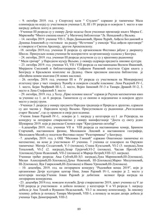 89
‒ 9. октобра 2019. год. у Спортској хали “ Студент” одржано је такмичење Мала
олимпијада на којој су учествовали ученици I, II, III i IV разреда и освојили 1. место и као
награду добили лопту и диплому.
‒Ученици III разреда су у оквиру Дечје недеље били учесници промоције књиге Мирка С.
Марковића “Много смешна књига” у Матичној библиотеци “Љ. Ненадовић у Ваљеву.
‒ 14. октобра 2019. ученице VII-1, Нора Дамњановић, Ирина Ђурић, Анђела Богдановић и
Душица Јовановић су гостовале на радију “Источник” у емисији “Кад анђели проговоре”
и говориле о Светом Арсенију, другом Архиепископу.
‒18. октобра 2019.год. ученици II разреда су организовали Фестивал јабуке у дворишту
Школе. Прикупљен новац ученици ће искористити за организацију одласка у Београд.
‒ 24. октобра, 2019. год. ученици III разреда укључили су су у креативну радионицу
“ Мали грнчар” у Народном музеју Ваљево, у оквиру садржаја предмета ликовне културе.
‒ 23. октобра 2019. год. ученици VI, VII i VIII разреда са наставницама Весном Ивановић,
Мирјаном Смоловић и библиотекарком Слађаном Ранковић посетили Сајам књига у
Београду и Краљевски комплекс на Дедињу. Овом приликом школска библиотека је
обогаћена новим књигама (36 нових наслова).
‒ 26. октобра, 2019. год. ученици III и IV разреда су учествовали на Меморијалној
атлетској трци у част генералу Ђукићу и освојили следеће пласмане: Лена Радојчић IV-1,
1. место, Бојан Ђорђевић III-1, 2. место, Војин Јанковић IV-3 и Тамара Дражић IV-2, 3.
место и Лена Стефановић 5. место
‒ 29. октобра, 2019. год. у Холу „Прве основне школе” одржан је Раухов математички квиз
за ученике од 1. до 4. разреда. Такмичили су се екипно и појединачно и освојили друго
место у својој групи.
‒Ученици 3. разреда у оквиру предмета Народна традиција и Природа и друштво, одржали
су део часова у Народном музеју Ваљево. Присуствовали су радионици „Разгледница
старог Ваљева”, где су правили и своје разгледнице.
‒Ученик Јован Рајовић IV-1, освојио је 1. награду у категорији од I до IVразреда, на
конкурсу за литерарно стваралаштво у оквиру манифестације “Доста су свету једне
Шумарице 2019. који је расписао Спомен парк “Крагујевачки октобар”.
‒ 6.децембра 2019. год. ученици VII и VIII разреда са наставницима хемије, Бранком
Старчевић, наставником физике, Милованом Лековић и наставником географије,
Милосавом Милић су посетили Фестивал науке “Разоткривање” у Београду.
‒7. децембра, 2019. год. у ОШ “Милован Глишић” одржано Општинско такмичење из
математике, на коме је учествовало 47 ученика. 7 ученика се пласирало на Окружно
такмичење: Матија Солдатовић, V-3 (похвала), Сташа Кузељевић, VI-2 (3. награда),Лена
Топаловић, VI-2 (2. награда),Лазар Грујичић,VI-2 (похвала), Часлав Протић,VII-
1(похвала),Урош Исаиловић, VII-2 (похвала) и Марија Петрић,VIII-1(3. награда).
Ученици трећег разреда: Ања Субтић,III-3(3. награда),Лука Маринковић,III-2(похвала),
Милан Алексијевић,III-3(похвала),Дуња Невенкић, III-2(похвала),Марко Милутиновић,
III-2(похвала), Вук Гавриловић,III-2(похвала) и Ивана Урошевић,III-2(похвала).
‒ 10. децембра, 2019. год. на литерарном конкурсу “Радовићев венац 2019”, који је
организовао Дечји културни центар Ниш, Јован Рајовић IV-1, освојио је 2. место у
категорији поезија.Ученик Јован Рајовић је добитник великог броја награда на
литерарним конкурсима.
‒23. децембра 2019.год. поводом изложбе Дечје стваралаштво 2019, девет ученика од V до
VIII разреда је учествовало и добило похвале: у категорији V и VI разреда 1. награду
добила је Ана Тешић и Вукашин Недељковић, VI-3 за ликовну композицију. За ликовну
технику добила је похвалу Тамара Митровић, VIII-1, а похвалу за модни дизајн добила је
ученица Тара Димитријевић, VIII-2.
 