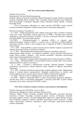 91
3.6.8. Тим за инклузивно образовање
Чланови Тима су били:
Координатор: Светлана Матић коoрдинатор,
Чланови: Данијела Јанковић записничар, Новка Мосуровић Андрић, Јасмина Стојановић,
Славица Глишовић, Весна Андрић, Тања Селаковић, Виолета Кењић, Јасна Мирковић,
Неда Буљубашић, Слободанка Ашковић, Јелена Павловић, Митра Минић и Горанка
Калембер Лучић.
Тим за инклузивно образовање се током школске 2019/2020. године редовно
састајао и решавао планирана и текућа питања везана за инклузивно образовање.
Послови на којима је Тим радио су:
– 9. 9. 2019. – Избор координатора Tима. Израда плана рада Тима и усвајање годишњег
плана рада Tима. Евиденција ученика који раде по ИОП-у. Распоред рада стручних
сарадника са ученицима који раде по ИОП-у ( логопед, педагошки асистент). Смернице
око израде ИОП-а за ученике првог разреда.
–28.10.2019. – Индивидуализација и припрема ИОП-а за ученике првог
разреда.Разматрање урађених ИОП-а за ученике који се образују по ИОП-у.Праћење
адаптације ученика у првом и петом разреду који се образују по ИОП-у. Обележавање
дечије недеље.
– 28. 11. 2019. – Израда ИОП-а и других видова додатне помоћи. Сарадња са родитељима
ученика који имају потребу за додатном подршком.
– 26. 12 .2019. – Организација обележавања новогодишњих и божићних празника
(Новогодишњи базар ученика са посебним потребама, подела пакетића ученицима од
стране Града, учешће у пројекту ,, Кад упознаш заволећеш“ заједничка организација
Туристичке организације Ваљево и школе).
–29. 1. 2020. – Ажурирање документације. Евиденција нових ученика који раде по ИОП-у.
– 28. 2. 2020. – Евалуација ИОП-а о постигнућима ученика на крају првог полугодишта.
Припрема ИОП-а за друго полугодиште.
– 12. 3. 2020. – Састанак у предшколској установи ,,Милица Ножица“. Подршка
ученицима и родитељима за време ванредног стања. Сарадња са Мрежом инклузивног
образовања.
– 28. 5. 2020. –Подршка ученицима и родитељима за време ванредног стања. Афирмативна
акција за ученике ромске националности. Припрема документације за ученике који
полажу завршни испит и уписују срдњу школу по ИОП-у ( Здраствена комисија)
– 4. 6. 2020. – Израда тестова за завршни испит за ученике који раде по ИОП-у.
– 22.6.2020. – Израда и евалуација ИОП-а за друго полугодиште. Бесплатни уџбеници .
Анализа рада Тима за инклузивно образовање у школској 2019-2020. Години. Израда
извештаја о раду Тима у школској 2019-2020. години.
3.6.9. Тим за заштиту ученика од насиља, злостављања и занемаривања
Чланови Тима школске 2019/2020. године су били:
Координатор: Мирјана Смоловић, наставник српског језика,
Чланови: Зорица Томић, наставник историје, Весна Ивановић, наставник физичког
васпитања, Славица Глишовић, наставник разредне наставе, Слободанка Ашковић,
наставник разредне наставе, Милкица Марјановић, дефектолог, Зорица Милић, педагог,
Лела Петровић, секретар, Снежана Јанковић, представник Савета родитеља, Стефан
Савић, представник Ученичког парламента, Бојан Селаковић, представник јединице
локалне самоуправе.
 