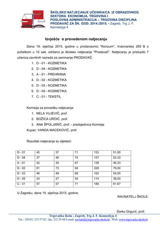 Trgovačka škola ; Zagreb, Trg J. F. Kennedyja 4
Tel..: 385/01/ 233 57 02 ; fax: 232 29 44 E-mail: ravnatelj@trgovacka-skola.hr ; Web: www.trgovacka-skola.hr
ŠKOLSKO NATJECANJE UČENIKA/CA IZ OBRAZOVNOG
SEKTORA EKONOMIJA, TRGOVINA I
POSLOVNA ADMINISTRACIJA – TRGOVINA DISCIPLINA
PRODAVAČ ZA ŠK. GOD. 2014./2015. - Zagreb, Trg J. F.
Kennedyja 4
Izvješće o provedenom natjecanju
Dana 19. siječnja 2015. godine u prodavaonici "Konzum", Vukovarska 269 B s
početkom u 10 sati, održano je školsko natjecanje "Prodavač". Natjecanju je pristupilo 7
učenica završnih razreda za zanimanje PRODAVAČ:
1. D - 01 - KOZMETIKA
2. D - 04 - KOZMETIKA
3. A - 01 - PREHRANA
4. D - 02 - KOZMETIKA
5. D - 03 - KOZMETIKA
6. D - 05 - KOZMETIKA
7. C - 01 - TEKSTIL
Komisija za provedbu natjecanja:
1. NELA VUJEVIĆ, prof.
2. BOŽICA UROIĆ, prof.
3. ANA ŠPOLJARIĆ, prof. - predsjednica Komisije
Kupac: VANDA MACEKOVIĆ, prof.
Rezultati natjecanja su sljedeći:
D - 01 45 37 71 153 51,00
D - 04 37 46 74 157 52,33
A - 01 42 30 67 139 46,33
D - 02 61 73 94 228 76,00
D - 03 46 48 68 162 54,00
D - 05 33 27 54 114 38,00
C - 01 57 57 71 185 61,67
U Zagrebu, dana 19. siječnja 2015. godine.
RAVNATELJ ŠKOLE:
Darko Grgurić, prof.
 