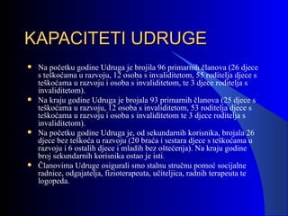 KAPACITETI UDRUGE <ul><li>Na početku godine Udruga je brojila 96 primarnih članova (26 djece s teškoćama u razvoju, 12 oso...