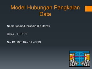 Model Hubungan Pangkalan
Data
Nama :Ahmad Izzuddin Bin Razak
Kelas :1 KPD 1
No. IC :980116 – 01 - 6773
 