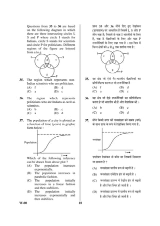 Read the following passage carefully and answer the questions 7 to 12.
              The phrase “What is it like ?” stands for a fundamental thought process. How
       does one go about observing and reporting on things and events that occupy segments
       of earth space ? Of all the infinite variety of phenomena on the face of the earth, how does
       one decide what phenomena to observe ? There is no such thing as a complete description
       of the earth or any part of it, for every microscopic point on the earth’s surface differs from
       every other such point. Experience shows that the things observed are already familiar,
       because they are like phenomena that occur at home or because they resemble the abstract
       images and models developed in the human mind.
              How are abstract images formed ? Humans alone among the animals possess
       language; their words symbolize not only specific things but also mental images of classes
       of things. People can remember what they have seen or experienced because they attach a
       word symbol to them.
              During the long record of our efforts to gain more and more knowledge about the
       face of the earth as the human habitat, there has been a continuing interplay between things
       and events. The direct observation through the senses is described as a percept; the mental
       image is described as a concept. Percepts are what some people describe as reality, in
       contrast to mental images, which are theoretical, implying that they are not real.
              The relation of Percept to Concept is not as simple as the definition implies. It is now
       quite clear that people of different cultures or even individuals in the same culture develop
       different mental images of reality and what they perceive is a reflection of these
       preconceptions. The direct observation of things and events on the face of the earth is so
       clearly a function of the mental images of the mind of the observer that the whole idea of
       reality must be reconsidered.
              Concepts determine what the observer perceives, yet concepts are derived from the
       generalizations of previous percepts. What happens is that the educated observer is taught
       to accept a set of concepts and then sharpens or changes these concepts during a
       professional career. In any one field of scholarship, professional opinion at one time
       determines what concepts and procedures are acceptable, and these form a kind of model of
       scholarly behaviour.
7.     The problem raised in the passage reflects on
       (A) thought process                                (B) human behaviour
       (C) cultural perceptions                           (D) professional opinion
8.     According to the passage, human beings have mostly in mind
       (A) Observation of things                          (B) Preparation of mental images
       (C) Expression through language                    (D) To gain knowledge
9.     Concept means
       (A) A mental image                                 (B) A reality
       (C) An idea expressed in language form             (D) All the above
10.    The relation of Percept to Concept is
       (A) Positive                                       (B) Negative
       (C) Reflective                                     (D) Absolute
11.    In the passage, the earth is taken as
       (A) The Globe                                      (B) The Human Habitat
       (C) A Celestial Body                               (D) A Planet
12.    Percept means
       (A) Direct observation through the senses          (B) A conceived idea
       (C) Ends of a spectrum                             (D) An abstract image

W-00                                              4
 