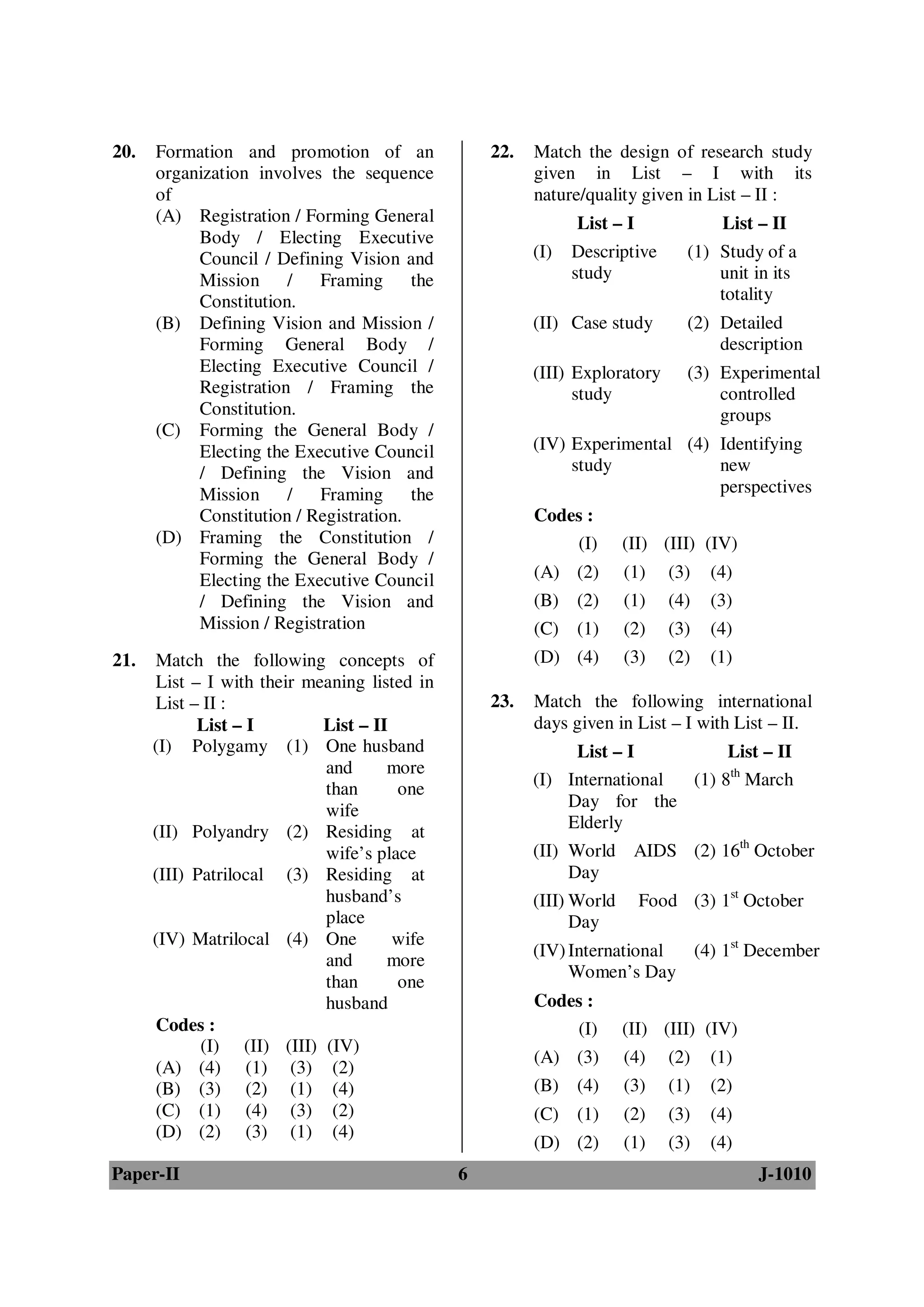20.   Formation and promotion of an               22.   Match the design of research study
      organization involves the sequence                given in List – I with its
      of                                                nature/quality given in List – II :
      (A) Registration / Forming General                      List – I             List – II
           Body / Electing Executive
           Council / Defining Vision and                (I)   Descriptive     (1) Study of a
           Mission /       Framing the                        study               unit in its
           Constitution.                                                          totality
      (B) Defining Vision and Mission /                 (II) Case study       (2) Detailed
           Forming General Body /                                                 description
           Electing Executive Council /                 (III) Exploratory     (3) Experimental
           Registration / Framing the                         study               controlled
           Constitution.                                                          groups
      (C) Forming the General Body /
           Electing the Executive Council               (IV) Experimental (4) Identifying
           / Defining the Vision and                         study            new
           Mission /       Framing the                                        perspectives
           Constitution / Registration.                 Codes :
      (D) Framing the Constitution /                        (I)       (II) (III) (IV)
           Forming the General Body /
           Electing the Executive Council               (A) (2)       (1)   (3)   (4)
           / Defining the Vision and                    (B) (2)       (1)   (4)   (3)
           Mission / Registration                       (C) (1)       (2)   (3)   (4)
21.   Match the following concepts of                   (D) (4)       (3)   (2)   (1)
      List – I with their meaning listed in
      List – II :                                 23.   Match the following international
            List – I        List – II                   days given in List – I with List – II.
      (I) Polygamy (1) One husband                           List – I          List – II
                            and      more
                            than      one               (I) International (1) 8th March
                                                            Day for the
                            wife
                                                            Elderly
      (II) Polyandry (2) Residing at
                            wife’s place                (II) World AIDS (2) 16th October
      (III) Patrilocal (3) Residing at                       Day
                            husband’s                   (III) World      Food (3) 1st October
                            place                             Day
      (IV) Matrilocal (4) One         wife
                                                        (IV) International (4) 1st December
                            and      more
                                                             Women’s Day
                            than      one
                            husband                     Codes :
      Codes :                                               (I)       (II) (III) (IV)
             (I) (II) (III) (IV)
                                                        (A) (3)       (4)   (2)   (1)
      (A) (4) (1) (3) (2)
      (B) (3) (2) (1) (4)                               (B) (4)       (3)   (1)   (2)
      (C) (1) (4) (3) (2)                               (C) (1)       (2)   (3)   (4)
      (D) (2) (3) (1) (4)
                                                        (D) (2)       (1)   (3)   (4)
Paper-II                                      6                                         J-1010
 