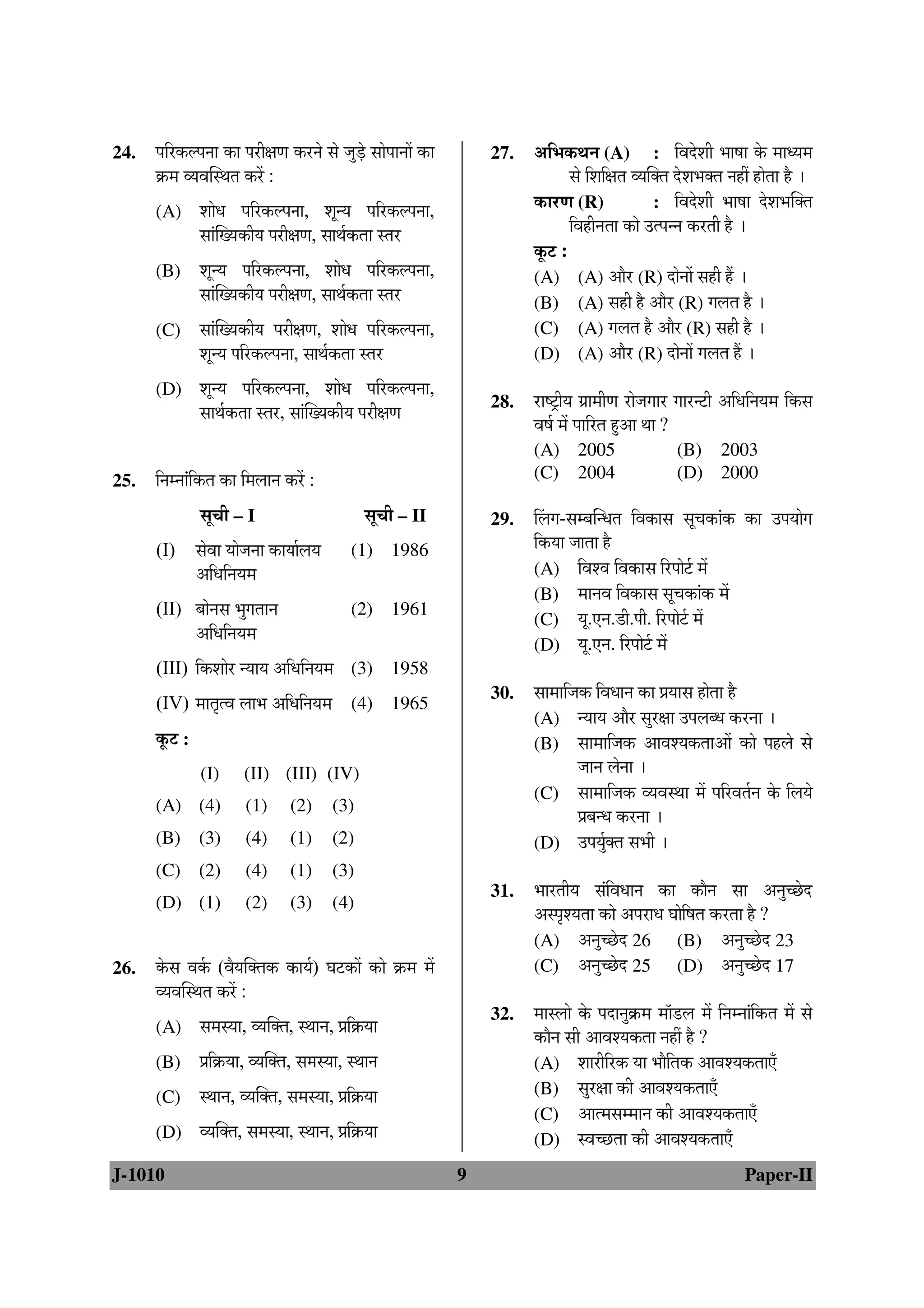 24.   ¯Ö×¸üú»¯Ö−ÖÖ úÖ ¯Ö¸üßÖÖ ú¸ü−Öê ÃÖê •Öã›Íêü ÃÖÖê¯ÖÖ−ÖÖë úÖ       27.   †×³Öú£Ö−Ö (A) : ×¾Ö¤êü¿Öß ³ÖÖÂÖÖ êú ´ÖÖ¬µÖ´Ö
      Îú´Ö ¾µÖ¾ÖÛÃ£ÖŸÖ ú¸ëü :                                                           ÃÖê ×¿Ö×ÖŸÖ ¾µÖÛŒŸÖ ¤êü¿Ö³ÖŒŸÖ −ÖÆüà ÆüÖêŸÖÖ Æîü …
      (A) ¿ÖÖê¬Ö ¯Ö×¸üú»¯Ö−ÖÖ, ¿Öæ−µÖ ¯Ö×¸üú»¯Ö−ÖÖ,                             úÖ¸üÖ (R)               : ×¾Ö¤êü¿Öß ³ÖÖÂÖÖ ¤êü¿Ö³ÖÛŒŸÖ
               ÃÖÖÓÛµÖúßµÖ ¯Ö¸üßÖÖ, ÃÖÖ£ÖÔúŸÖÖ ÃŸÖ¸ü                                 ×¾ÖÆüß−ÖŸÖÖ úÖê ˆŸ¯Ö−−Ö ú¸üŸÖß Æîü …
                                                                                  æú™ü :
      (B) ¿Öæ−µÖ ¯Ö×¸üú»¯Ö−ÖÖ, ¿ÖÖê¬Ö ¯Ö×¸üú»¯Ö−ÖÖ,                             (A) (A) †Öî¸ü (R) ¤üÖê−ÖÖë ÃÖÆüß Æïü …
               ÃÖÖÓÛµÖúßµÖ ¯Ö¸üßÖÖ, ÃÖÖ£ÖÔúŸÖÖ ÃŸÖ¸ü                         (B) (A) ÃÖÆüß Æîü †Öî¸ü (R) Ö»ÖŸÖ Æîü …
      (C) ÃÖÖÓÛµÖúßµÖ ¯Ö¸üßÖÖ, ¿ÖÖê¬Ö ¯Ö×¸üú»¯Ö−ÖÖ,                          (C) (A) Ö»ÖŸÖ Æîü †Öî¸ü (R) ÃÖÆüß Æîü …
               ¿Öæ−µÖ ¯Ö×¸üú»¯Ö−ÖÖ, ÃÖÖ£ÖÔúŸÖÖ ÃŸÖ¸ü                            (D) (A) †Öî¸ü (R) ¤üÖê−ÖÖë Ö»ÖŸÖ Æïü …
      (D) ¿Öæ−µÖ ¯Ö×¸üú»¯Ö−ÖÖ, ¿ÖÖê¬Ö ¯Ö×¸üú»¯Ö−ÖÖ,
               ÃÖÖ£ÖÔúŸÖÖ ÃŸÖ¸ü, ÃÖÖÓÛµÖúßµÖ ¯Ö¸üßÖÖ                   28.   ¸üÖÂ™ÒüßµÖ ÖÏÖ´ÖßÖ ¸üÖê•ÖÖÖ¸ü ÖÖ¸ü−™üß †×¬Ö×−ÖµÖ´Ö ×úÃÖ
                                                                                  ¾ÖÂÖÔ ´Öë ¯ÖÖ×¸üŸÖ Æãü†Ö £ÖÖ ?
                                                                                  (A) 2005                       (B) 2003
25.   ×−Ö´−ÖÖÓ×úŸÖ úÖ ×´Ö»ÖÖ−Ö ú¸ëü :                                          (C) 2004                       (D) 2000

                ÃÖæ“Öß – I                           ÃÖæ“Öß – II            29.   Ø»ÖÖ-ÃÖ´²ÖÛ−¬ÖŸÖ ×¾ÖúÖÃÖ ÃÖæ“ÖúÖÓú úÖ ˆ¯ÖµÖÖêÖ
      (I) ÃÖê¾ÖÖ µÖÖê•Ö−ÖÖ úÖµÖÖÔ»ÖµÖ            (1) 1986                        ×úµÖÖ •ÖÖŸÖÖ Æîü
               †×¬Ö×−ÖµÖ´Ö                                                        (A) ×¾Ö¿¾Ö ×¾ÖúÖÃÖ ×¸ü¯ÖÖê™Ôü ´Öë
                                                                                  (B) ´ÖÖ−Ö¾Ö ×¾ÖúÖÃÖ ÃÖæ“ÖúÖÓú ´Öë
      (II) ²ÖÖê−ÖÃÖ ³ÖãÖŸÖÖ−Ö                    (2) 1961
                                                                                  (C) µÖæ.‹−Ö.›üß.¯Öß. ×¸ü¯ÖÖê™Ôü ´Öë
               †×¬Ö×−ÖµÖ´Ö                                                        (D) µÖæ.‹−Ö. ×¸ü¯ÖÖê™Ôü ´Öë
      (III) ×ú¿ÖÖê¸ü −µÖÖµÖ †×¬Ö×−ÖµÖ´Ö          (3) 1958
      (IV) ´ÖÖŸÖéŸ¾Ö »ÖÖ³Ö †×¬Ö×−ÖµÖ´Ö            (4) 1965
                                                                            30.   ÃÖÖ´ÖÖ×•Öú ×¾Ö¬ÖÖ−Ö úÖ ¯ÖÏµÖÖÃÖ ÆüÖêŸÖÖ Æîü
                                                                                  (A) −µÖÖµÖ †Öî¸ü ÃÖã¸üÖÖ ˆ¯Ö»Ö²¬Ö ú¸ü−ÖÖ …
      æú™ü :                                                                     (B) ÃÖÖ´ÖÖ×•Öú †Ö¾Ö¿µÖúŸÖÖ†Öë úÖê ¯ÖÆü»Öê ÃÖê
                (I)      (II) (III) (IV)                                                   •ÖÖ−Ö »Öê−ÖÖ …
                                                                                  (C) ÃÖÖ´ÖÖ×•Öú ¾µÖ¾ÖÃ£ÖÖ ´Öë ¯Ö×¸ü¾ÖŸÖÔ−Ö êú ×»ÖµÖê
      (A) (4)             (1)       (2)      (3)
                                                                                           ¯ÖÏ²Ö−¬Ö ú¸ü−ÖÖ …
      (B) (3)             (4)       (1)      (2)                                  (D) ˆ¯ÖµÖãÔŒŸÖ ÃÖ³Öß …
      (C) (2)             (4)       (1)      (3)
      (D) (1)             (2)       (3)      (4)
                                                                            31.   ³ÖÖ¸üŸÖßµÖ ÃÖÓ×¾Ö¬ÖÖ−Ö úÖ úÖî−Ö ÃÖÖ †−Öã“”êû¤ü
                                                                                  †Ã¯Öé¿µÖŸÖÖ úÖê †¯Ö¸üÖ¬Ö ‘ÖÖê×ÂÖŸÖ ú¸üŸÖÖ Æîü ?
                                                                                  (A) †−Öã“”êû¤ü 26 (B) †−Öã“”êû¤ü 23
26.   êúÃÖ ¾ÖÔú (¾ÖîµÖÛŒŸÖú úÖµÖÔ) ‘Ö™üúÖë úÖê Îú´Ö ´Öë                    (C) †−Öã“”êû¤ü 25 (D) †−Öã“”êû¤ü 17
      ¾µÖ¾ÖÛÃ£ÖŸÖ ú¸ëü :
                                                                            32.   ´ÖÖÃ»ÖÖê êú ¯Ö¤üÖ−ÖãÎú´Ö ´ÖÖò›ü»Ö ´Öë ×−Ö´−ÖÖÓ×úŸÖ ´Öë ÃÖê
      (A) ÃÖ´ÖÃµÖÖ, ¾µÖÛŒŸÖ, Ã£ÖÖ−Ö, ¯ÖÏ×ÎúµÖÖ
                                                                                  úÖî−Ö ÃÖß †Ö¾Ö¿µÖúŸÖÖ −ÖÆüà Æîü ?
      (B) ¯ÖÏ×ÎúµÖÖ, ¾µÖÛŒŸÖ, ÃÖ´ÖÃµÖÖ, Ã£ÖÖ−Ö                                   (A) ¿ÖÖ¸üß×¸üú µÖÖ ³ÖÖî×ŸÖú †Ö¾Ö¿µÖúŸÖÖ‹Ñ
      (C) Ã£ÖÖ−Ö, ¾µÖÛŒŸÖ, ÃÖ´ÖÃµÖÖ, ¯ÖÏ×ÎúµÖÖ                                   (B) ÃÖã¸üÖÖ úß †Ö¾Ö¿µÖúŸÖÖ‹Ñ
                                                                                  (C) †ÖŸ´ÖÃÖ´´ÖÖ−Ö úß †Ö¾Ö¿µÖúŸÖÖ‹Ñ
      (D) ¾µÖÛŒŸÖ, ÃÖ´ÖÃµÖÖ, Ã£ÖÖ−Ö, ¯ÖÏ×ÎúµÖÖ                                   (D) Ã¾Ö“”ûŸÖÖ úß †Ö¾Ö¿µÖúŸÖÖ‹Ñ
J-1010                                                                  9                                                       Paper-II
 