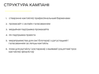 СТРУКТУРА КАМПАНІІ
1. Стварэнне кактэйляў прафесіянальнымі барменами
2. Промасайт с анлайн-галасаваннем
3. Медыйная падтрымка промахайте
4. PR-падтрымка праекта
5. Мерапрыемства для СМІ і блогераў з дэгустацыяй і
галасаваннем за лепшы кактэйль
6. POSM для рытэйлу і рэстаранаў з выявамі і рэцэптамі трох
кактэйляў-фіналістаў
 